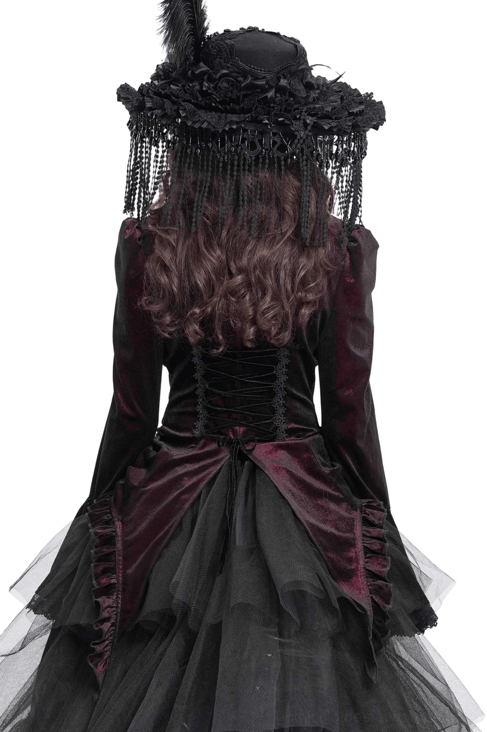 Gothic velvet blouse with corset lace-up back and ruffled high collar - rear full body view