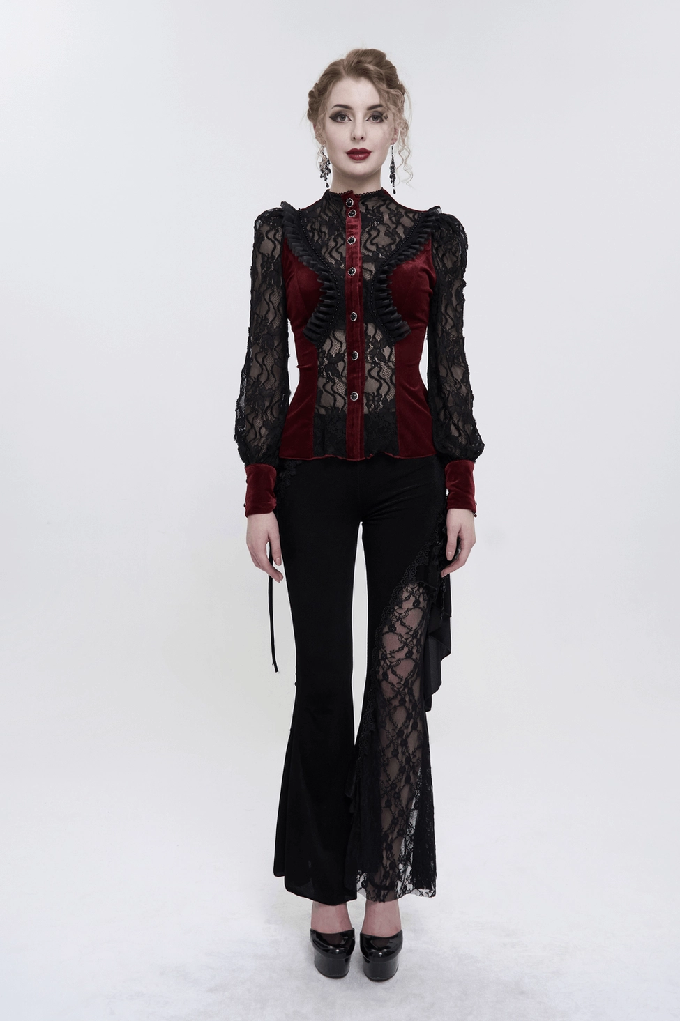 Dark romance gothic blouse fitted waist and peplum hem with lace puff sleeves - silhouette view