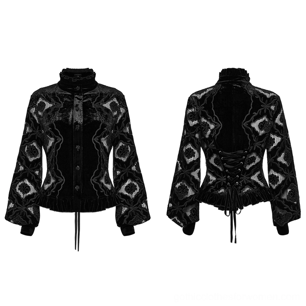 Gothic velvet blouse flat lay front and back view displaying overall silhouette, button placket, ruffled hem, and lace-up back detail