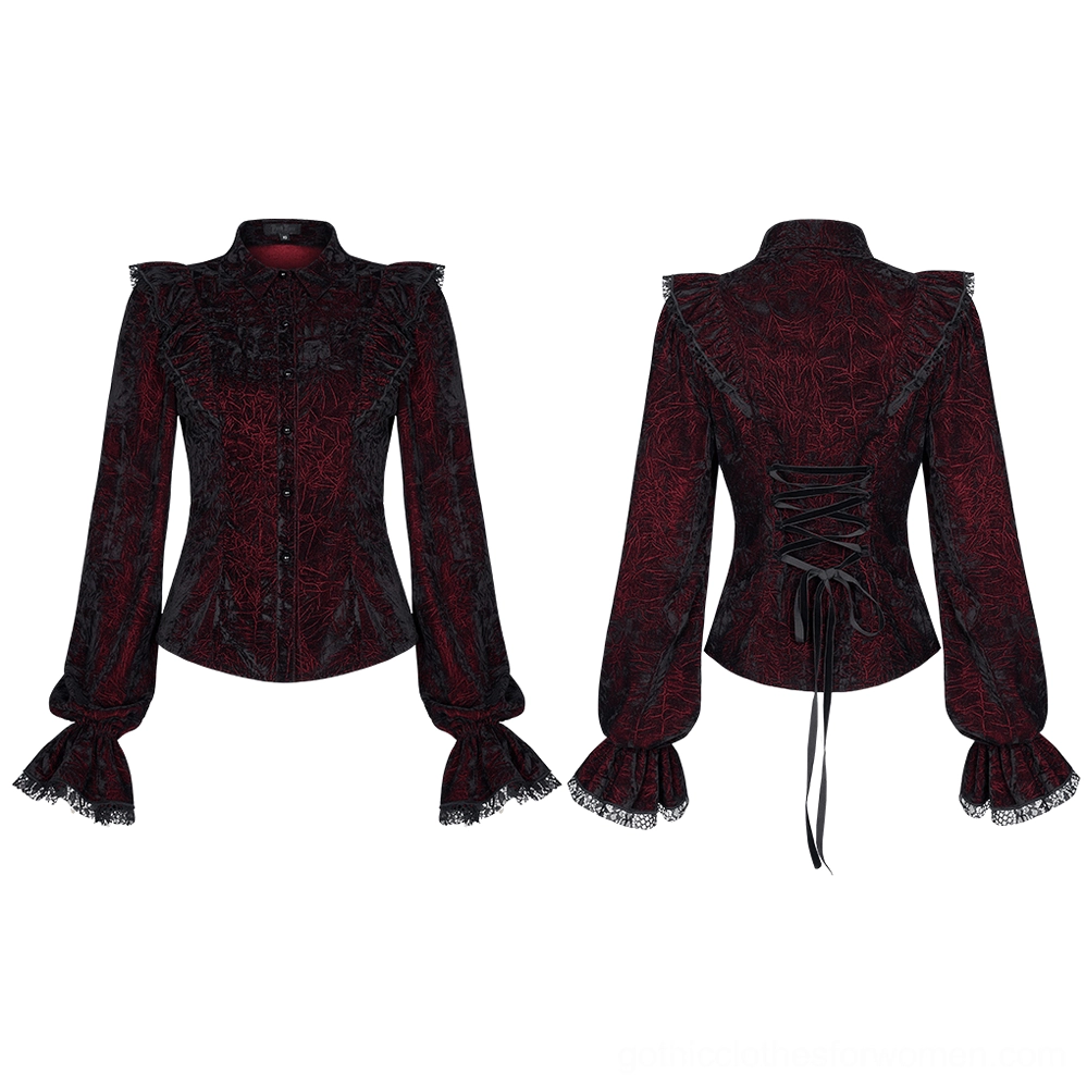 Burgundy and black jacquard velvet gothic blouse flat lay front and back view details