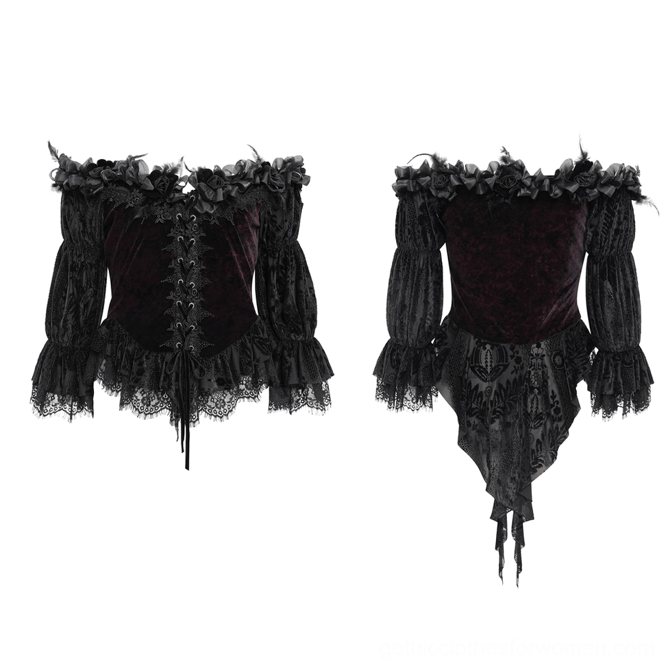 Flat lay front view of gothic off-shoulder velvet blouse showing wine red fabric and black lace-up closure