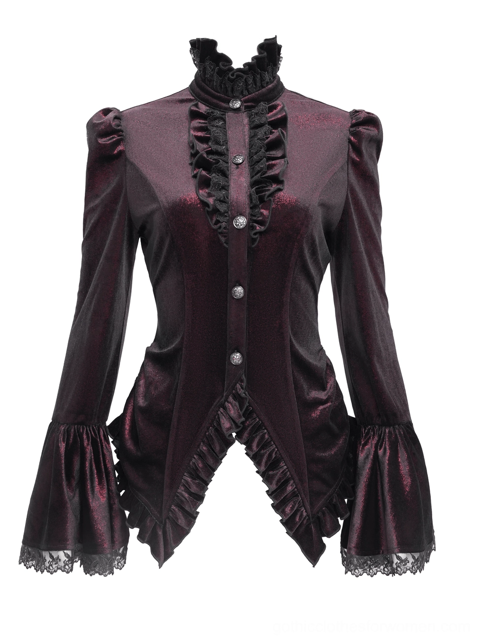 Gothic velvet blouse front view on mannequin - lace-trimmed stand collar and front button placket