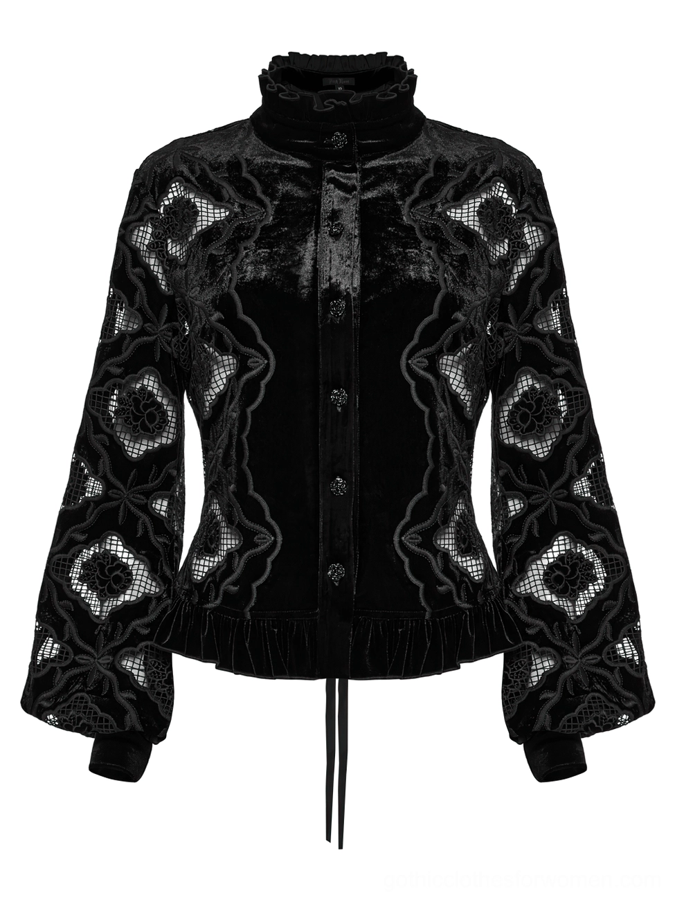 Close-up front view of black velvet gothic blouse showing ruffled high stand collar and embroidered mesh details on bodice