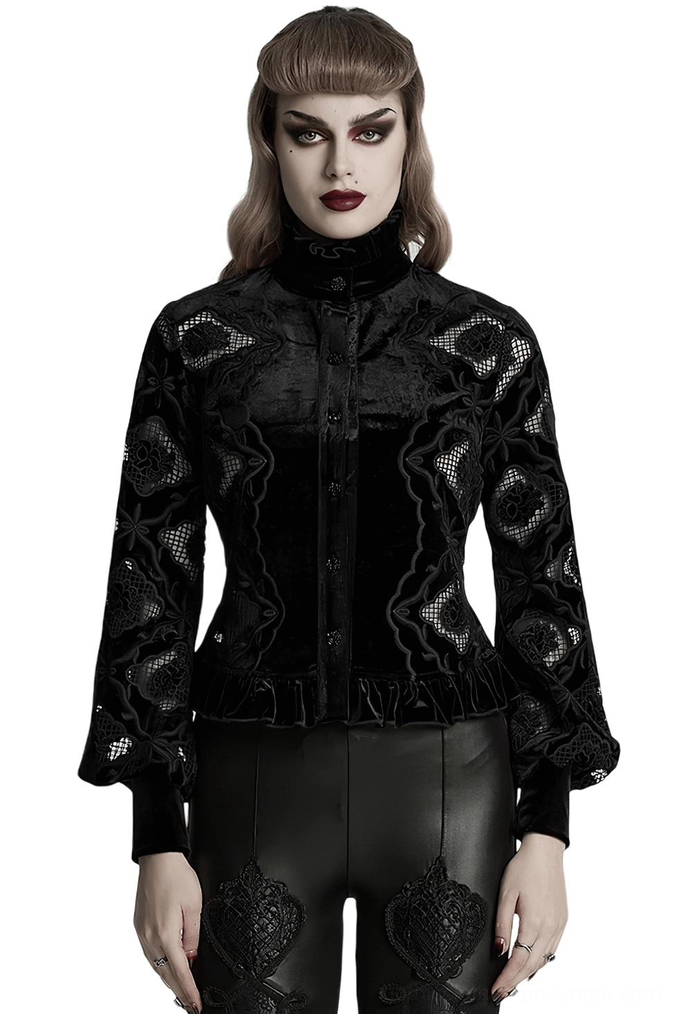 Black velvet gothic blouse front view on model, featuring ruffled high collar, floral embroidered mesh panels, and rose-shaped buttons