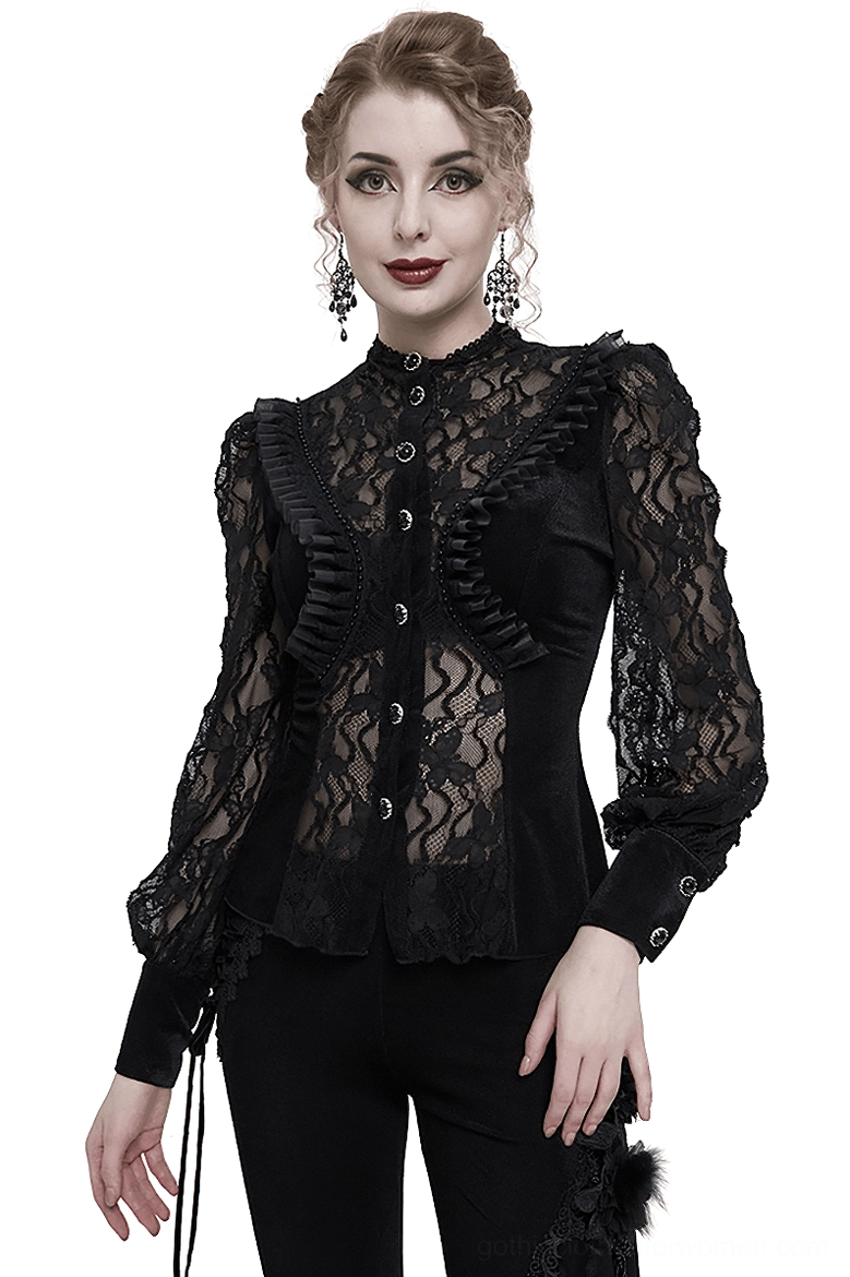 Black velvet lace gothic blouse with stand collar - front three-quarter view on model showing architectural neckline and sheer ruffled lace sleeves