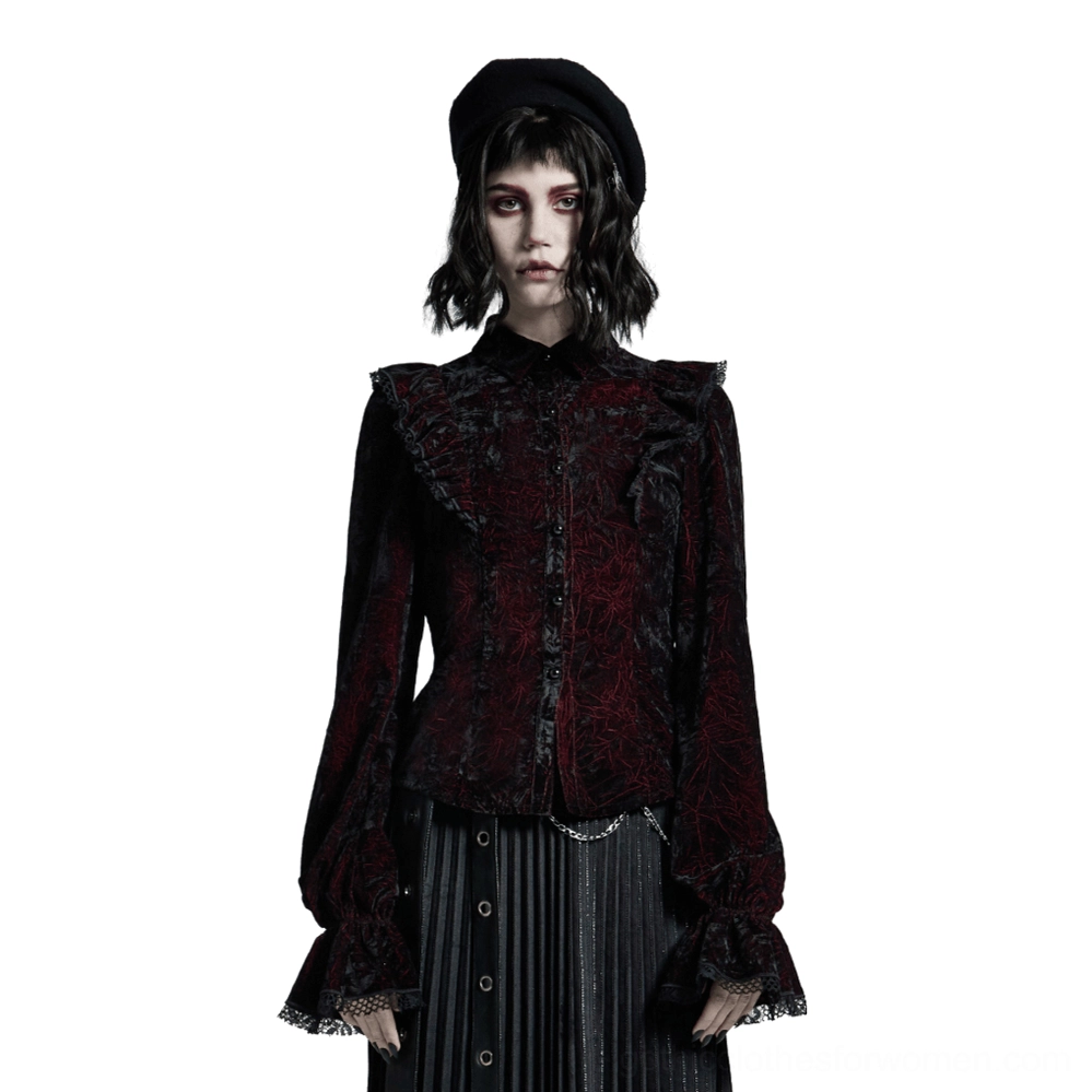 Velvet lace-up gothic blouse with burgundy and black jacquard front view on model wearing black beret
