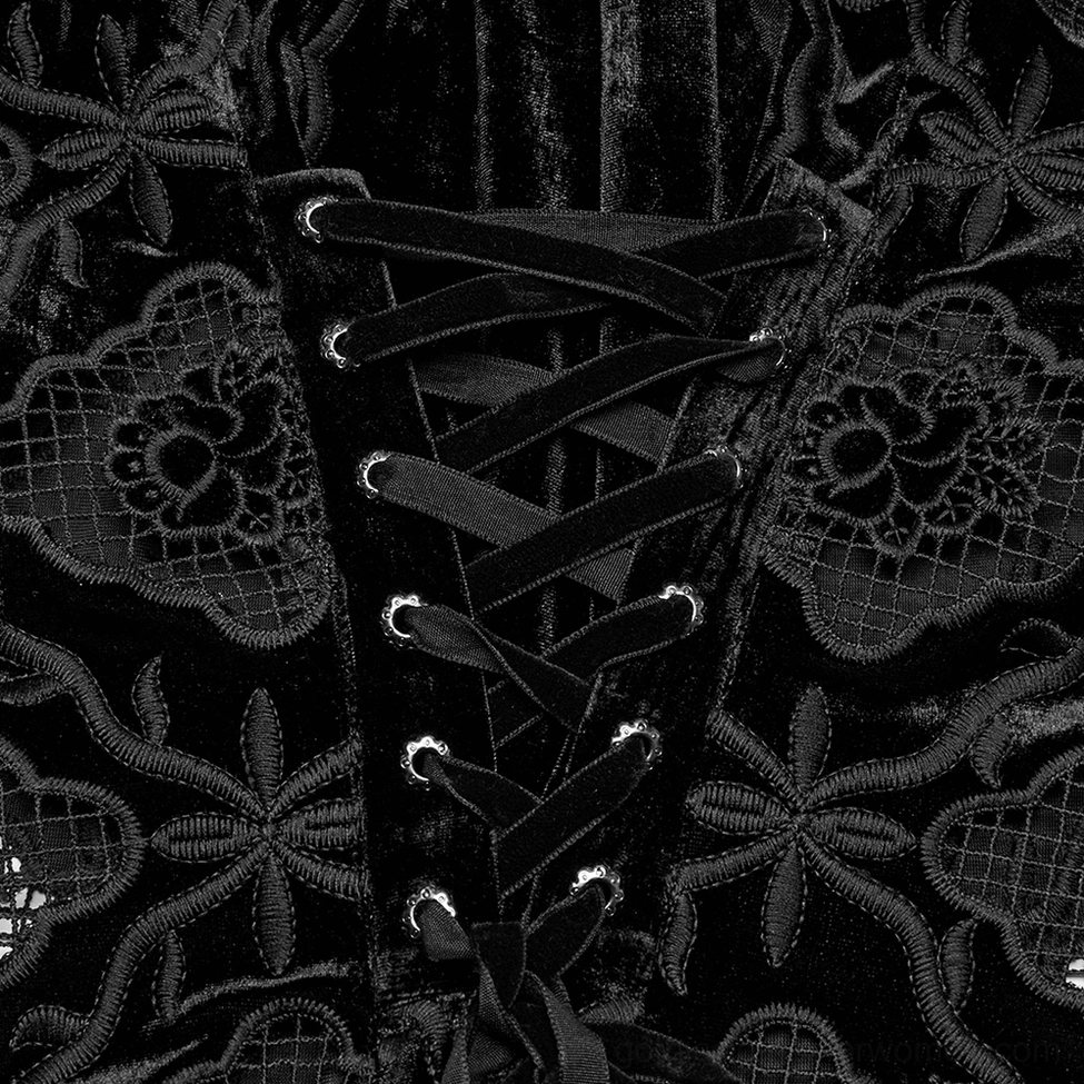 Close-up of black velvet gothic blouse lace-up back detail displaying corset-style lacing with floral embroidery and mesh panels