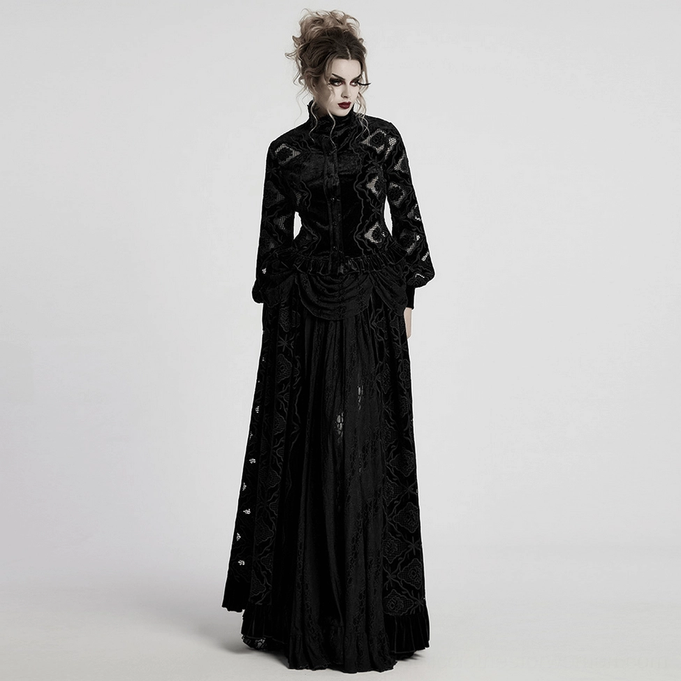 Gothic velvet blouse worn by model showing how the lace-up back closure creates waist definition and corset-inspired fit
