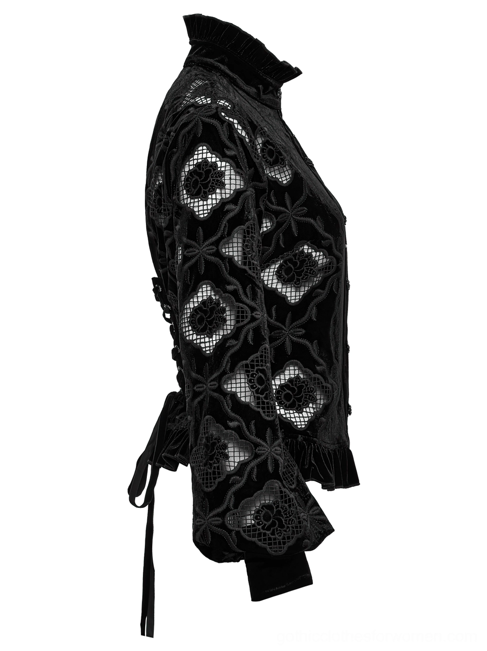 Side profile flat lay of black velvet gothic blouse revealing lace-up back corset closure and tailored velvet silhouette