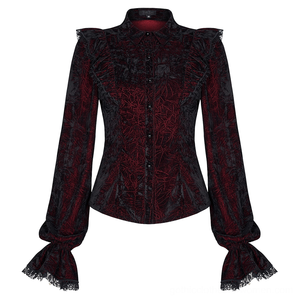 Gothic velvet blouse with stand collar and fitted silhouette flat lay front view