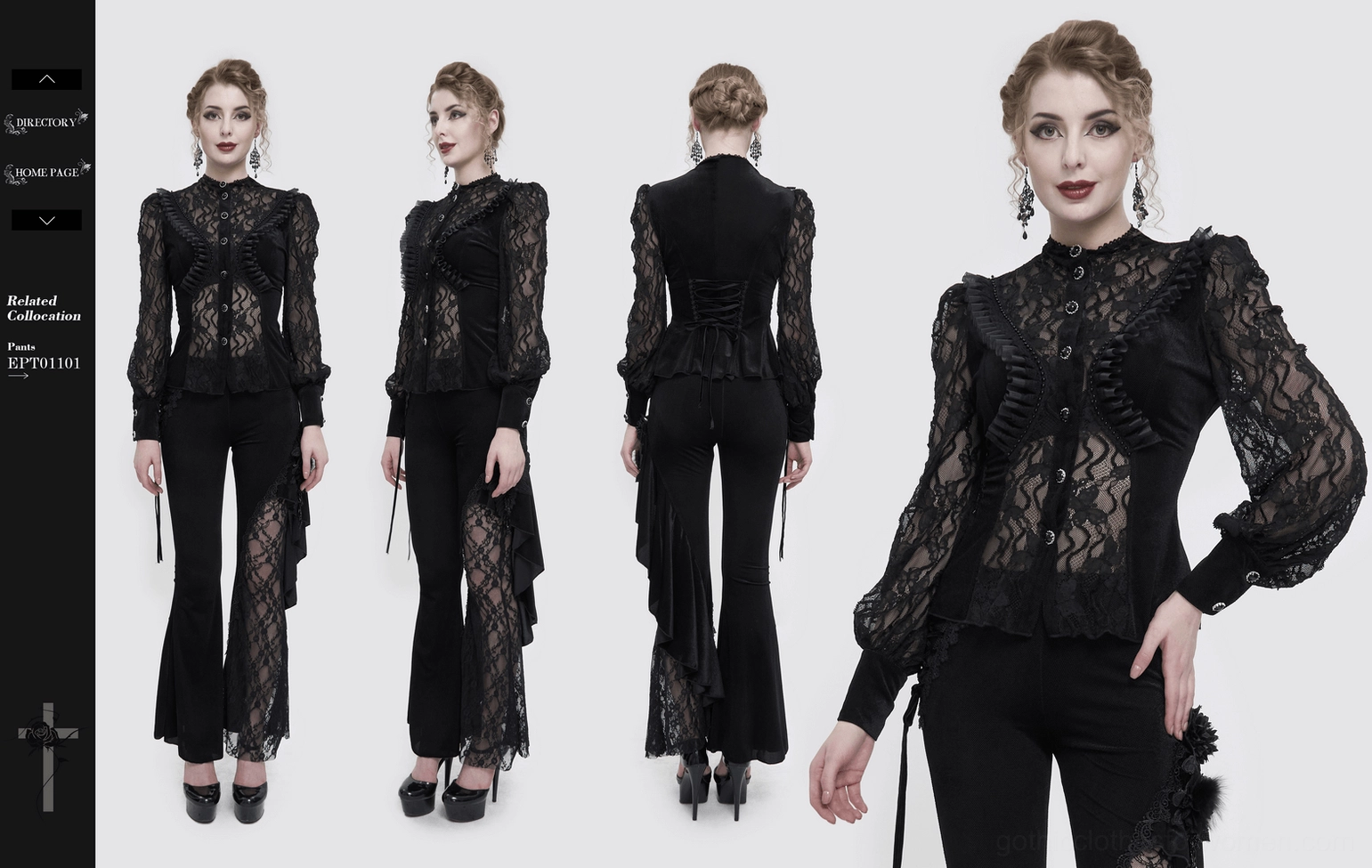 Black gothic velvet blouse overall structure detail showing the architectural stand collar and sleeve construction design