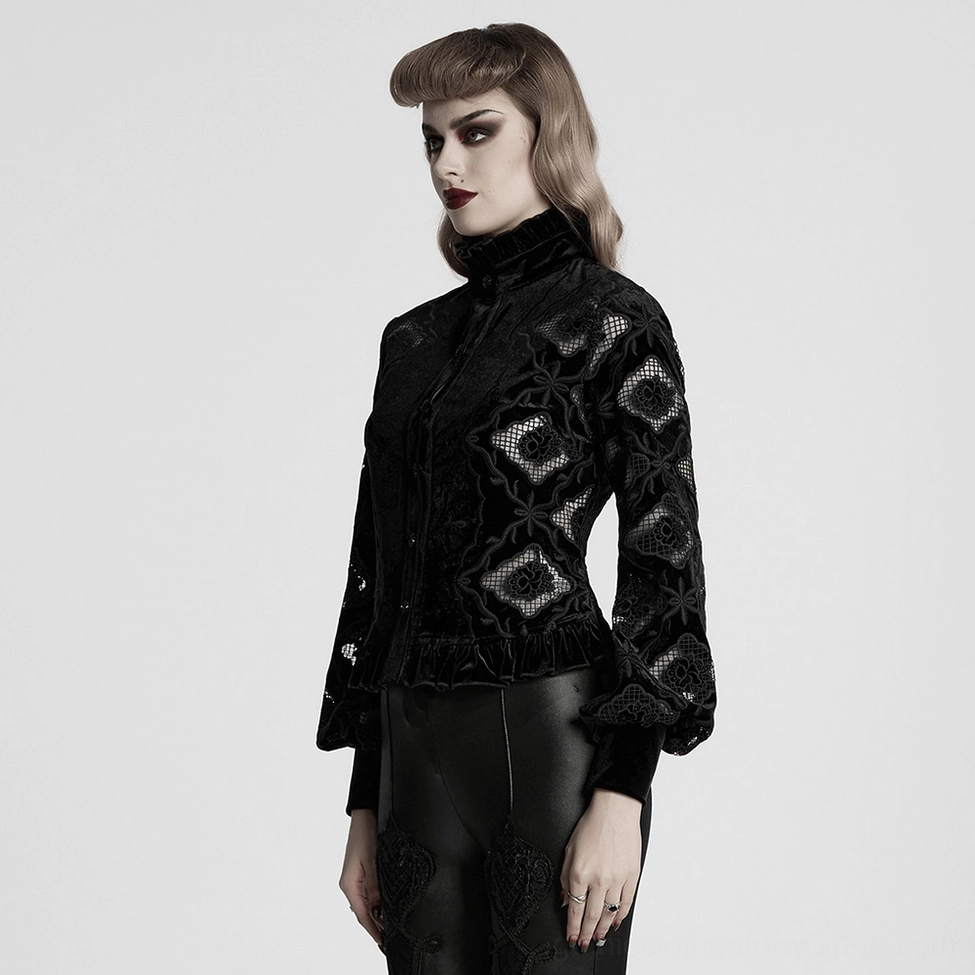 Gothic velvet blouse three-quarter view on model displaying overall drape, sleeve volume, and front embroidery details