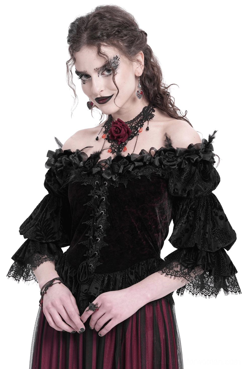 Gothic wine red velvet off-shoulder blouse front view with ruffled lace-up corset detail and puffed sleeves on model