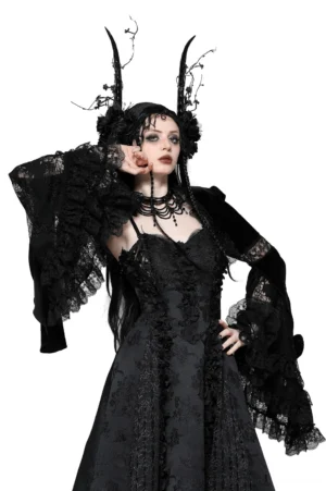 Gothic velvet lace bolero with flared lace sleeves and ruffled collar, front three-quarter view on model with horn headdress