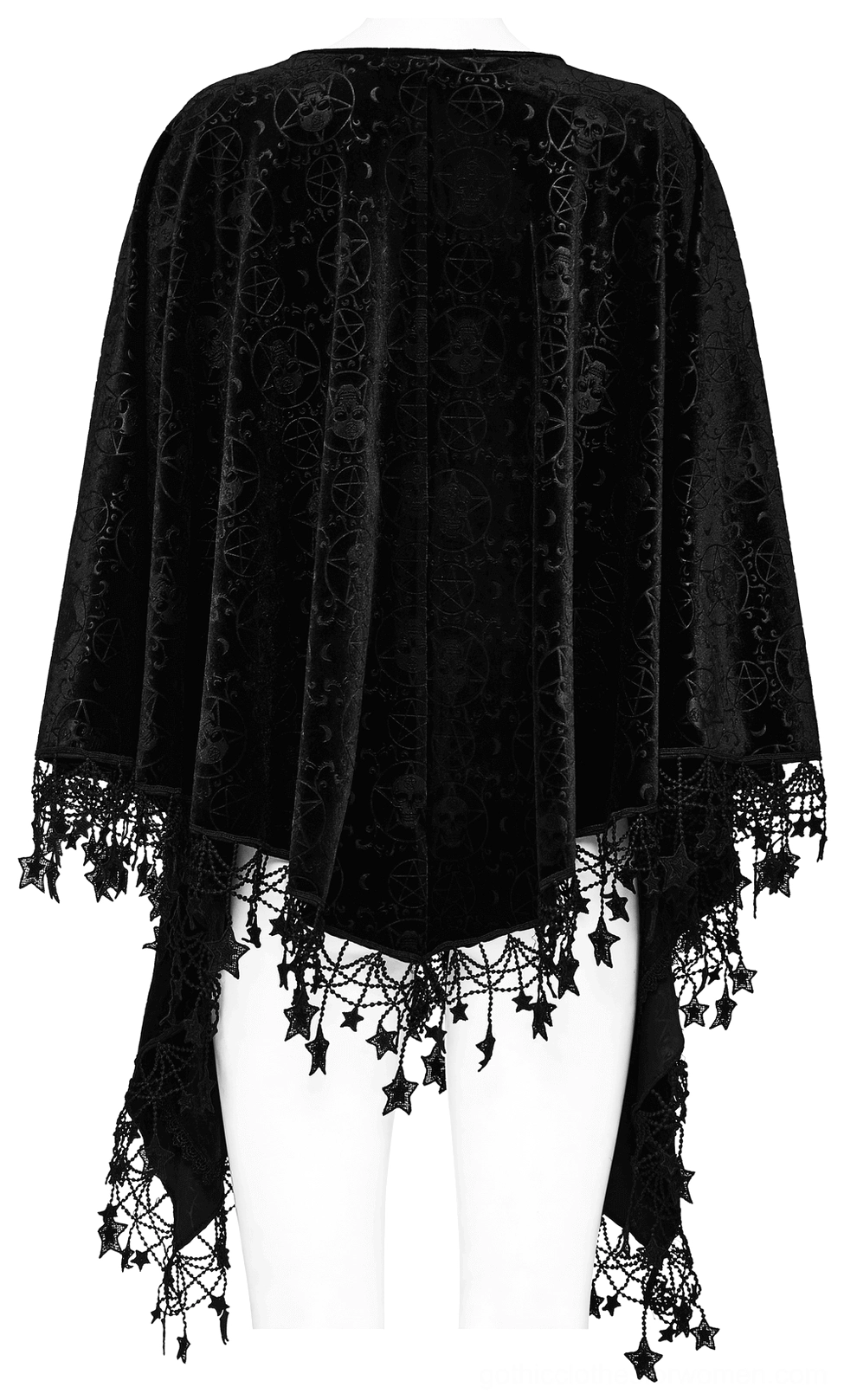 Back view of black velvet occult cape on mannequin showcasing embroidered occult designs and velvet texture