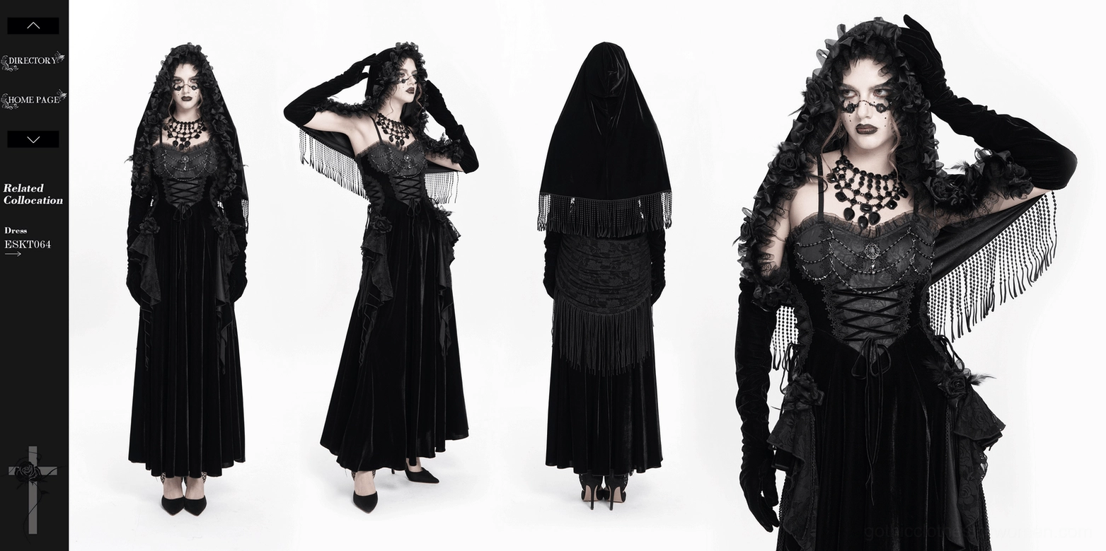 Gothic black velvet hooded cape showing romantic rose floral detailing and theatrical beaded fringe for alternative fashion