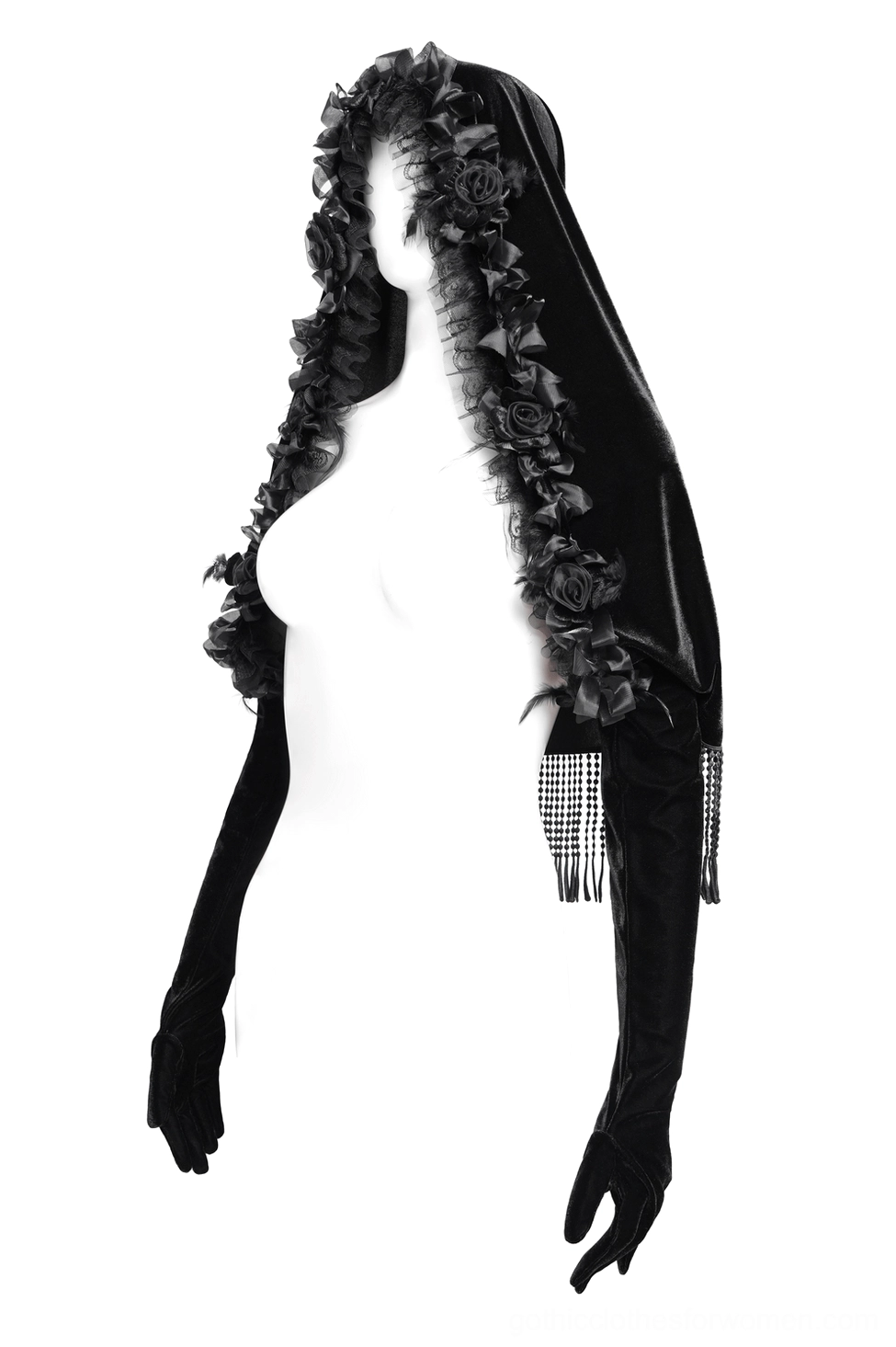 Side three-quarter view of black velvet hooded gothic cape with long matching gloves and rose floral hood embellishment