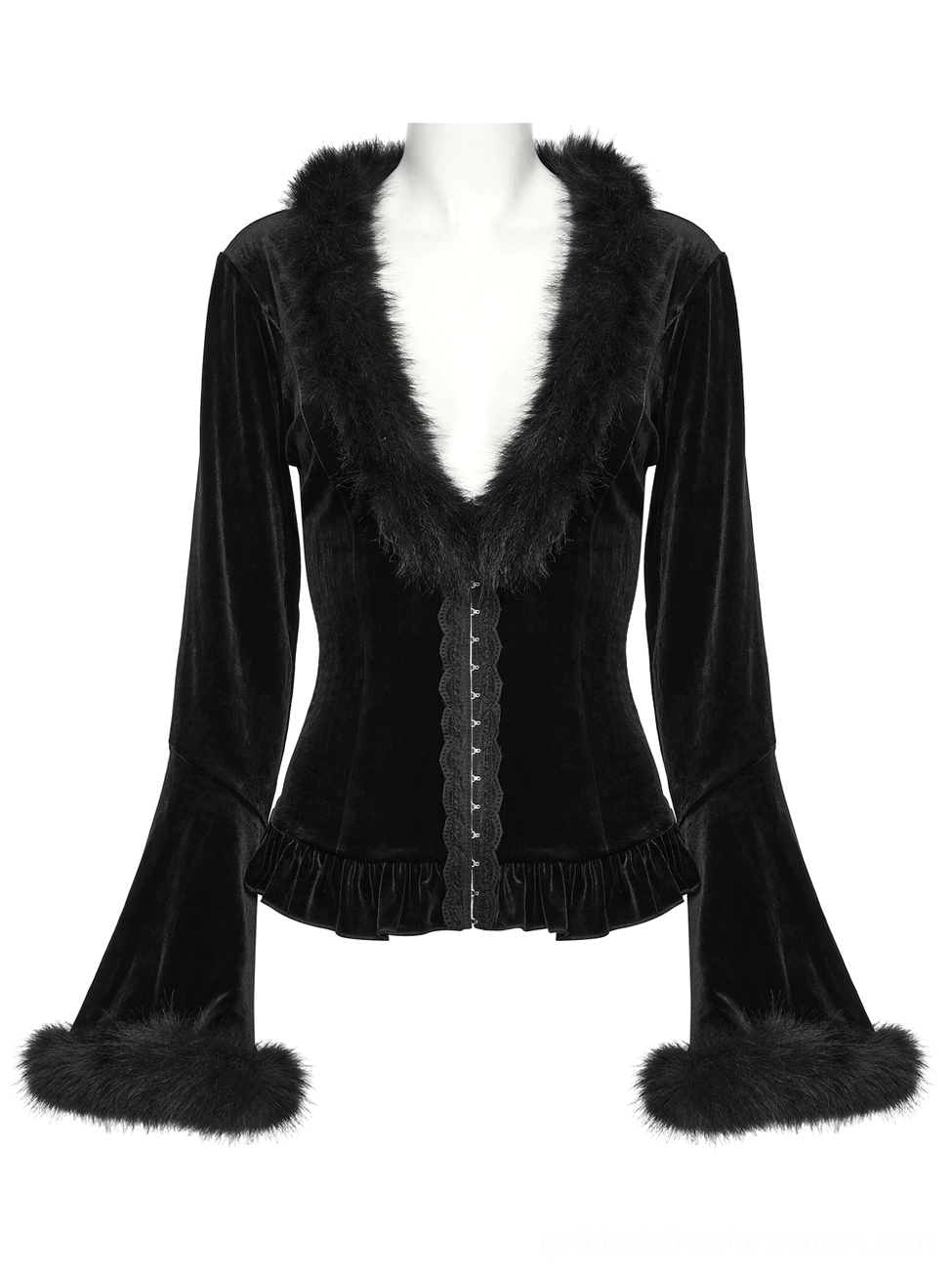 Black velvet gothic cardigan flat lay front view - hook-and-eye fasteners, bell sleeves, and elegant draping on display mannequin