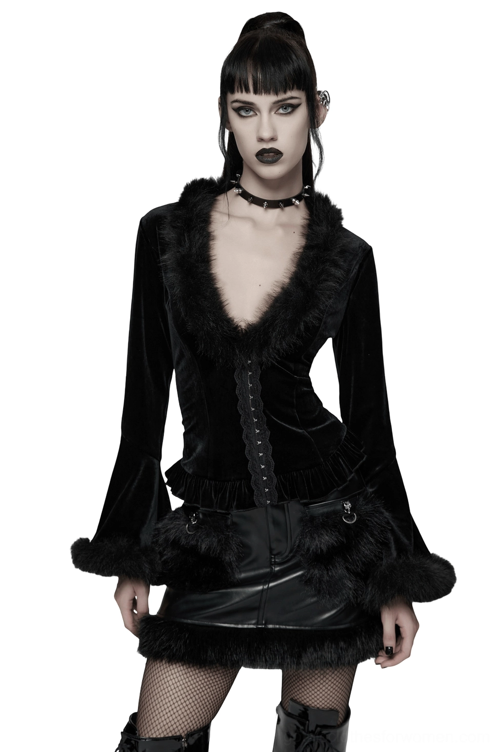 Black velvet lace-up gothic cardigan with faux fur trim - front full-body view on model showcasing flared bell sleeves and elegant silhouette