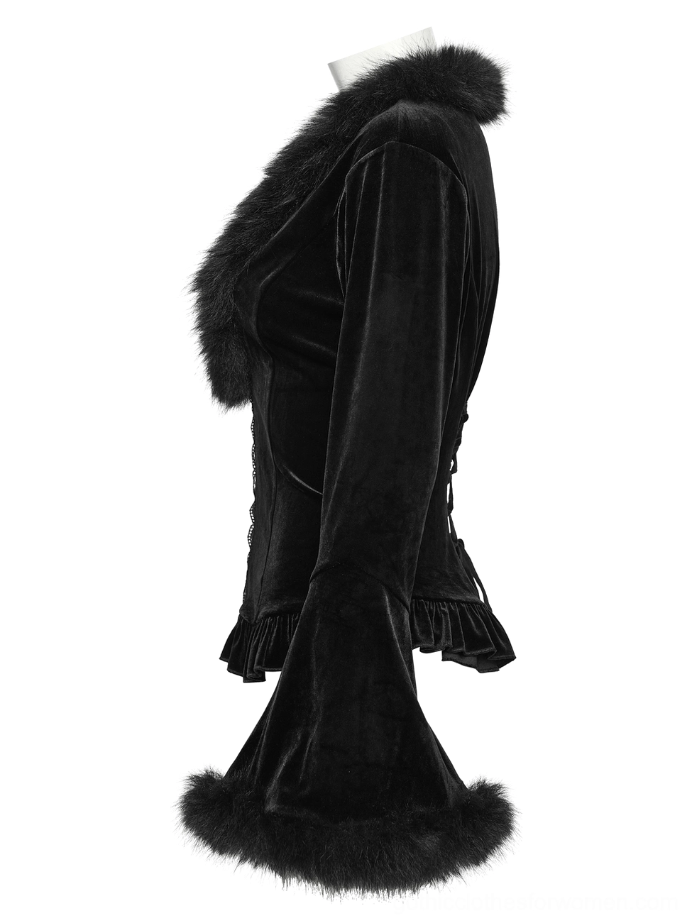 Side flat view of black velvet gothic cardigan - faux fur trim, ruffled hem, and graceful silhouette on dress form