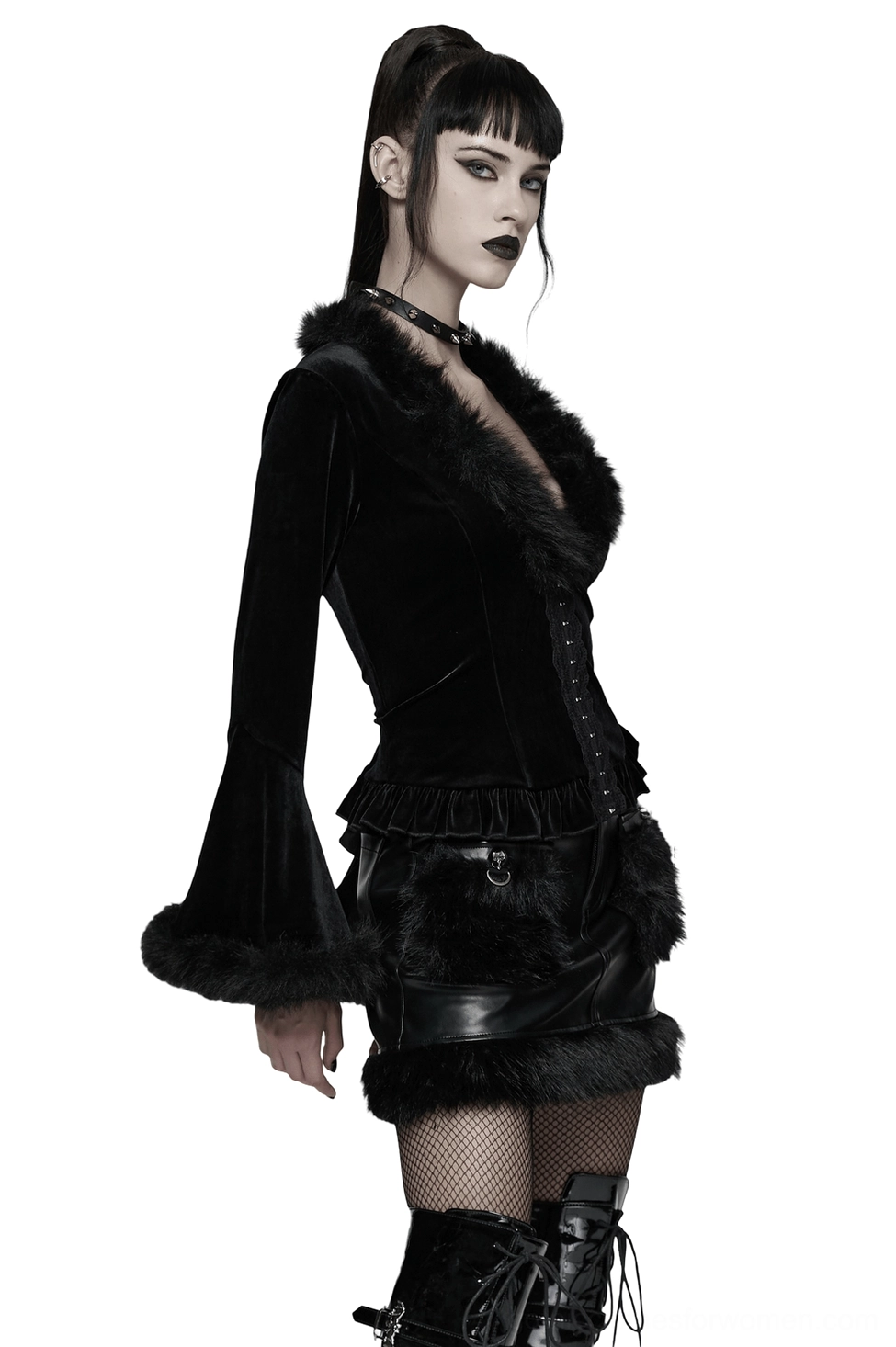 Gothic cardigan with corset lace-up back detail - side view on model displaying faux fur collar and dramatic bell sleeves for alternative fashion
