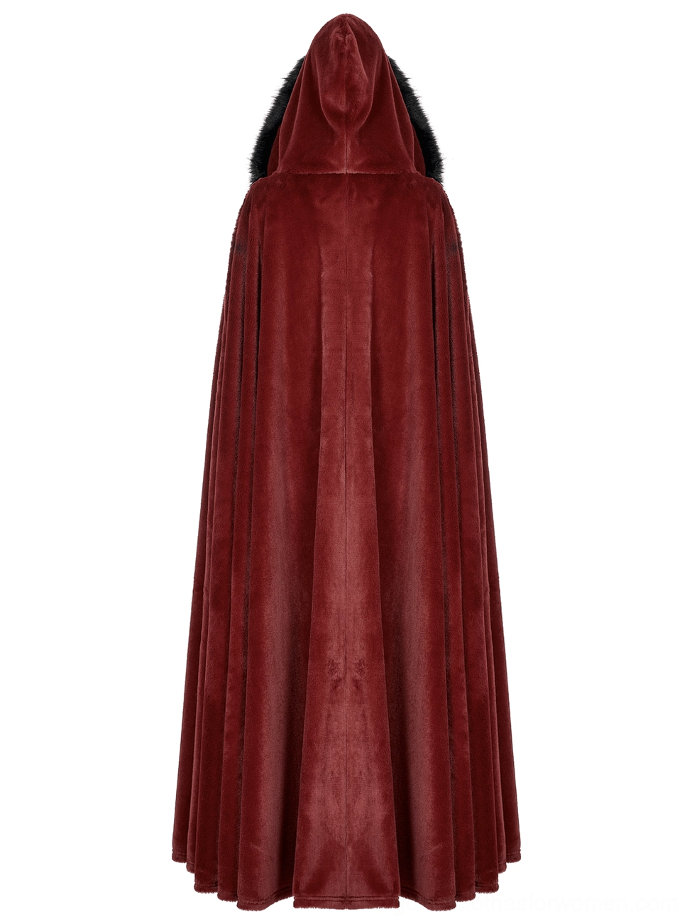 Back view of floor-length red velvet gothic cloak with black faux fur trim and simple elegant back design