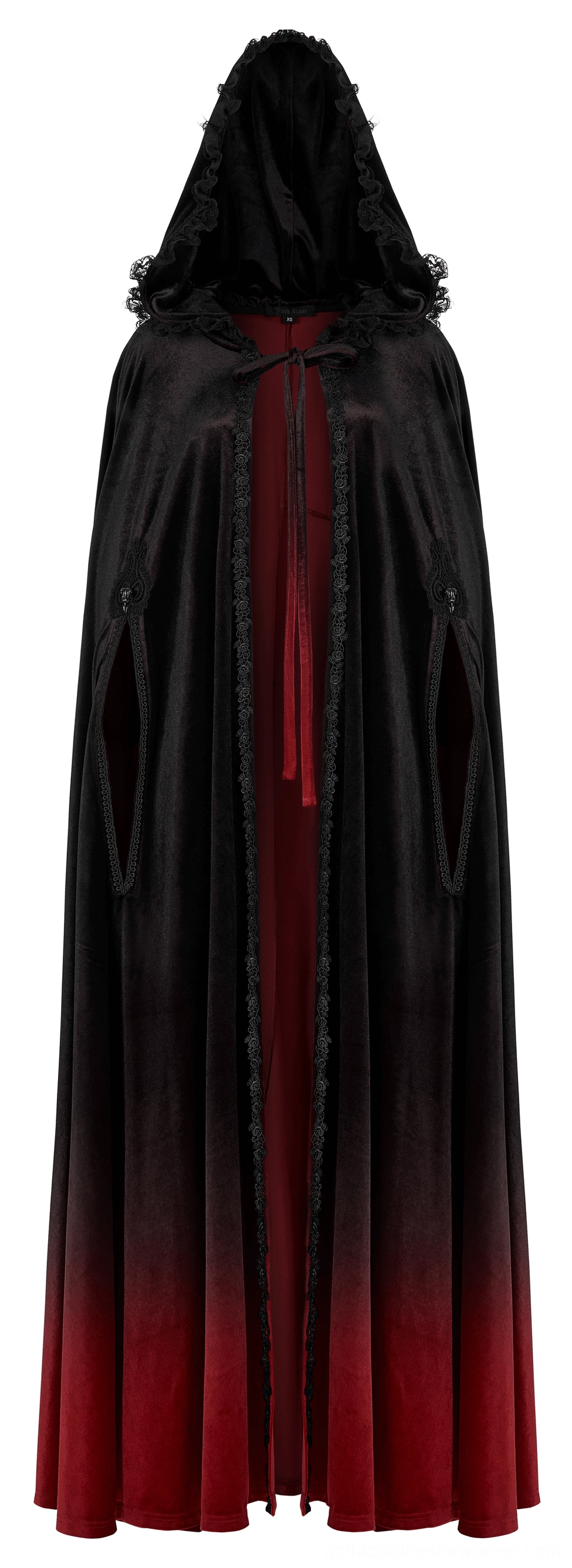 Back view of gradient velvet gothic cloak displaying plain seamless back design and flowing ombre velvet texture
