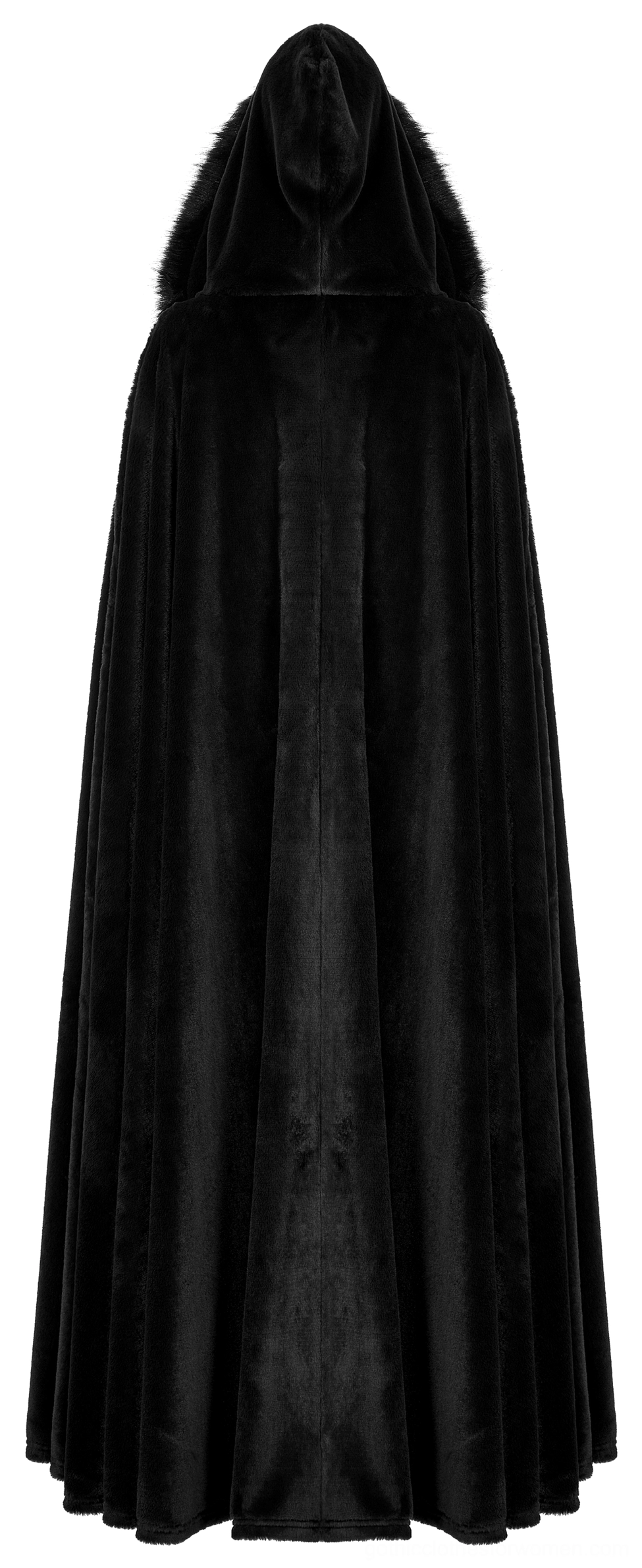 Gothic velvet cloak back view showcasing draped fabric and hooded design