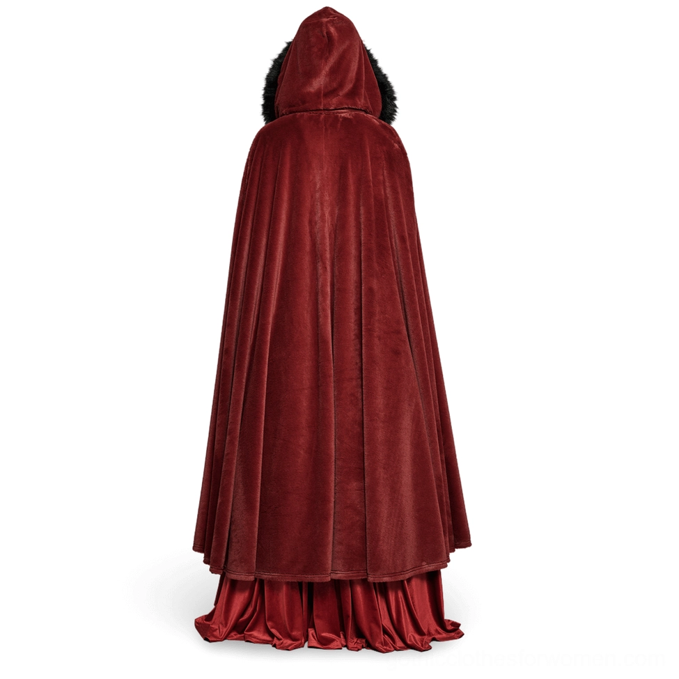Floor-length burgundy velvet gothic cloak back view, black faux fur hood trim and dramatic drape