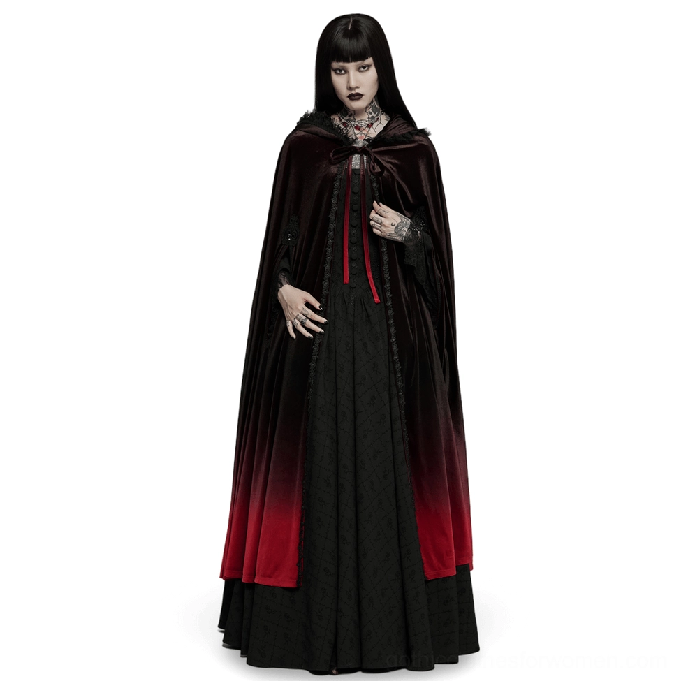 Black to deep red ombre velvet gothic hooded cloak worn by model, frontal view showing gradient design and lace-up detail