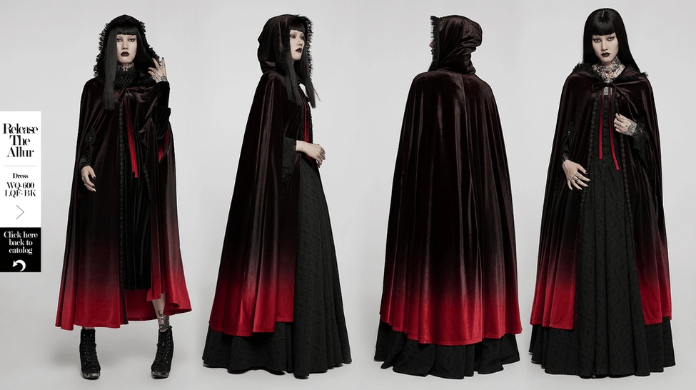 Full presentation of black to red ombre velvet gothic hooded cloak showing complete dramatic design and craftsmanship