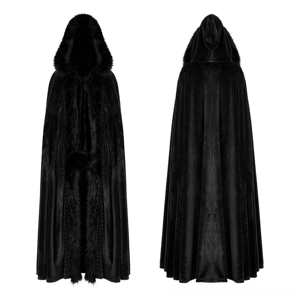 Black Gothic hooded velvet cloak flat lay showing faux fur trim details and full silhouette