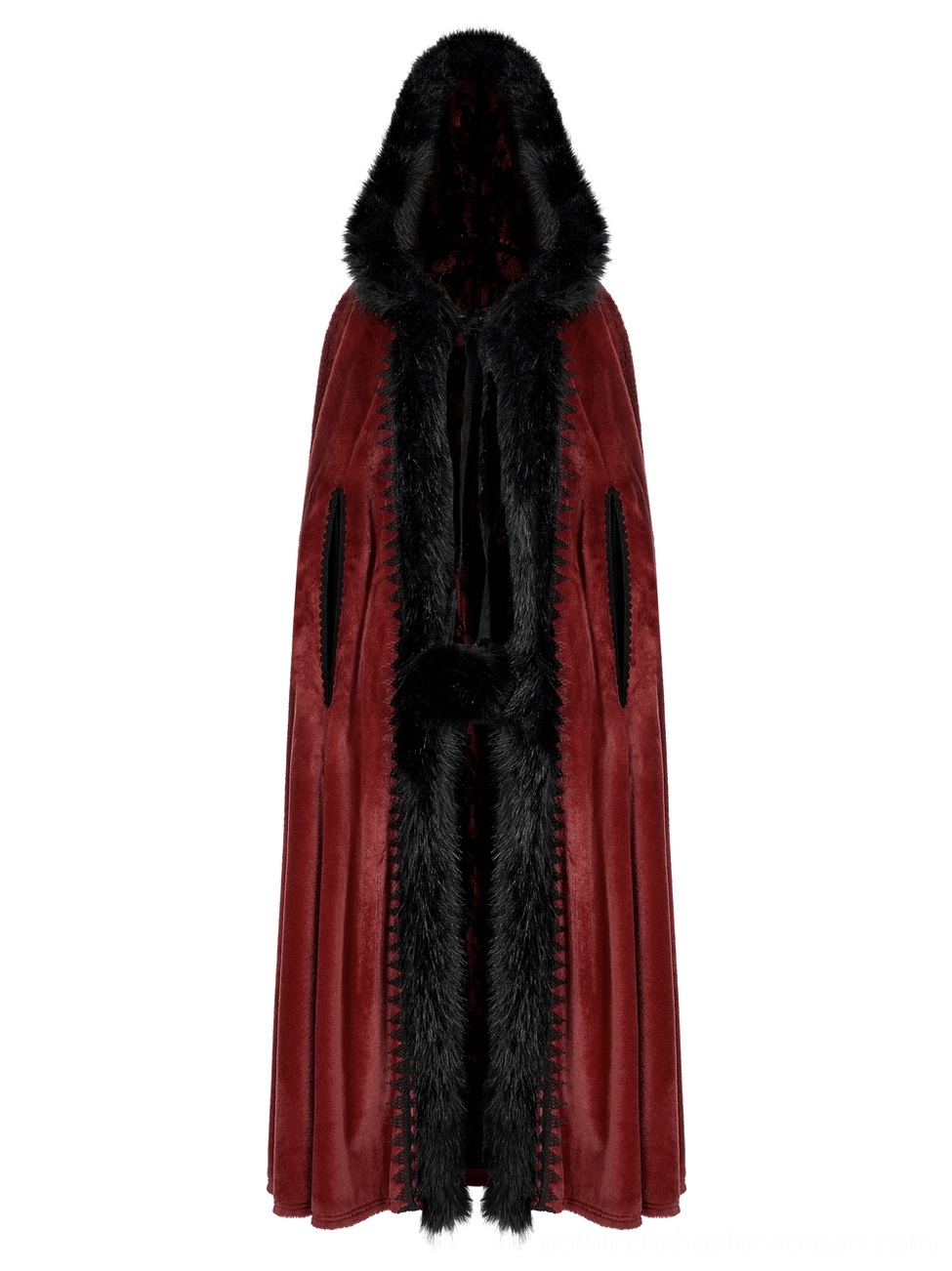 Crimson gothic velvet cloak front full-body shot, faux fur trim edges and decorative lace pocket details
