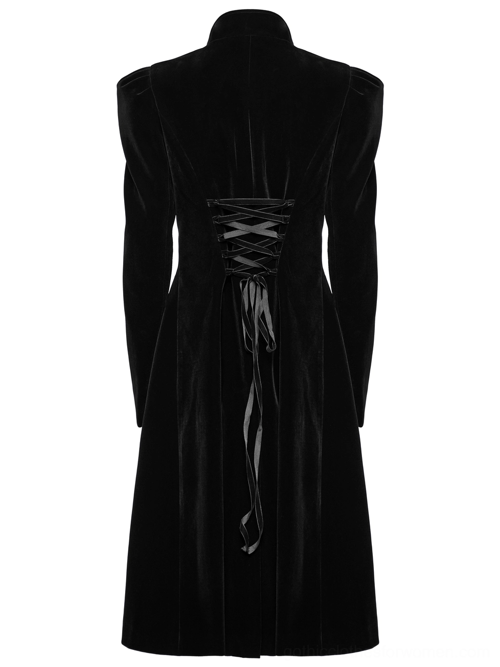 Black velvet gothic coat back flat display, intricate lace-up corset back design and dense velvet fabric texture