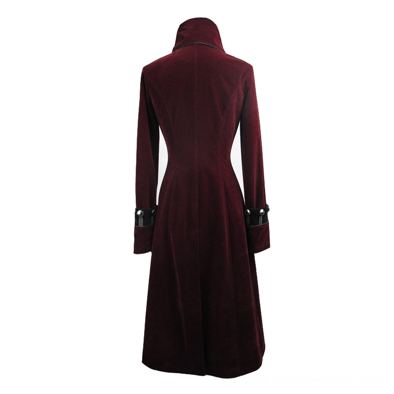 Gothic wine red velvet coat back view on mannequin - fitted silhouette, solid velvet back panel, black buckle cuff details