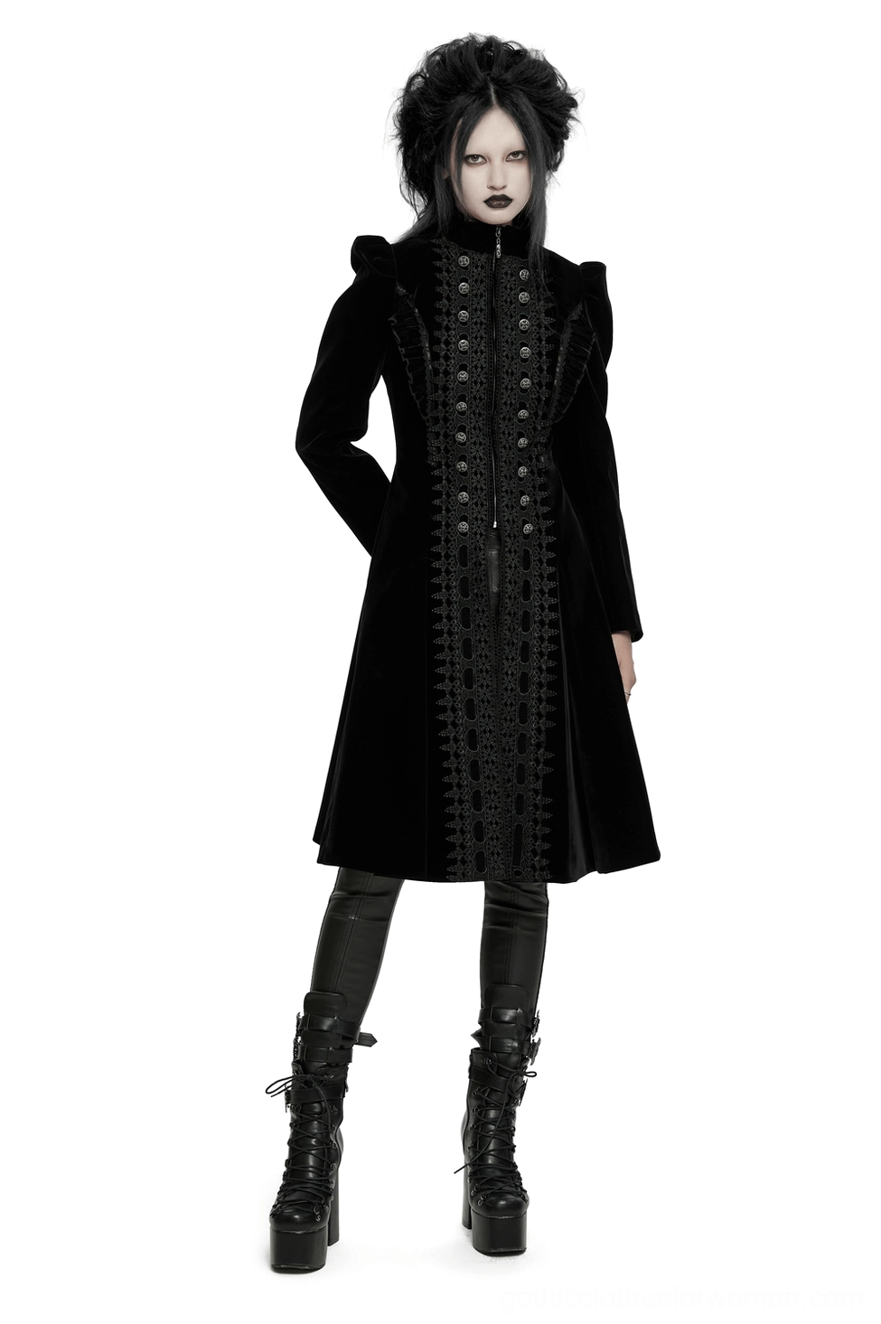 Black velvet gothic long coat with lace panels, front full-body view on model, dramatic A-line silhouette with stand collar and decorative buttons