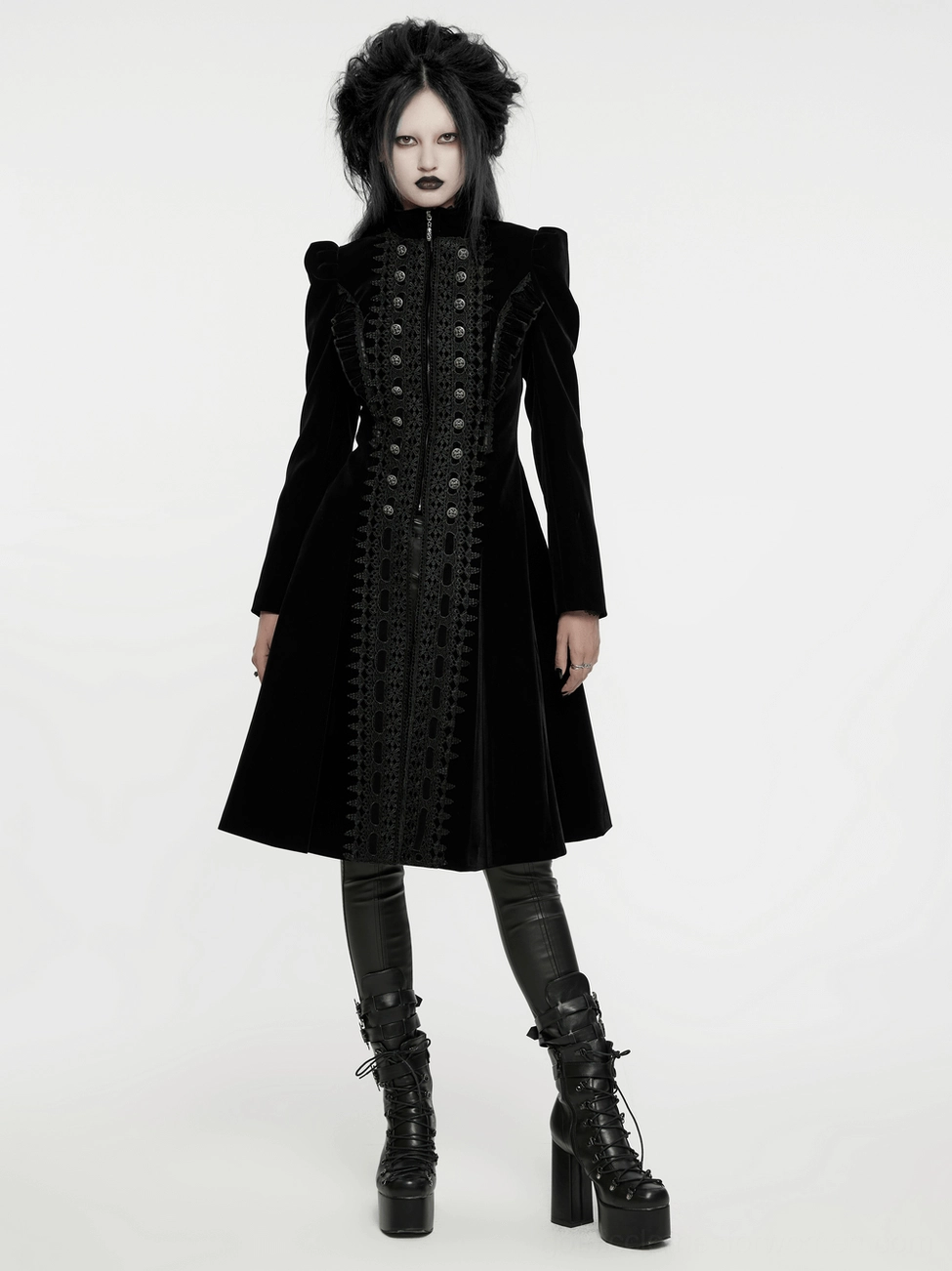 Black velvet gothic long coat complete back view product shot, full lace-up corset back system, elegant Victorian-inspired design