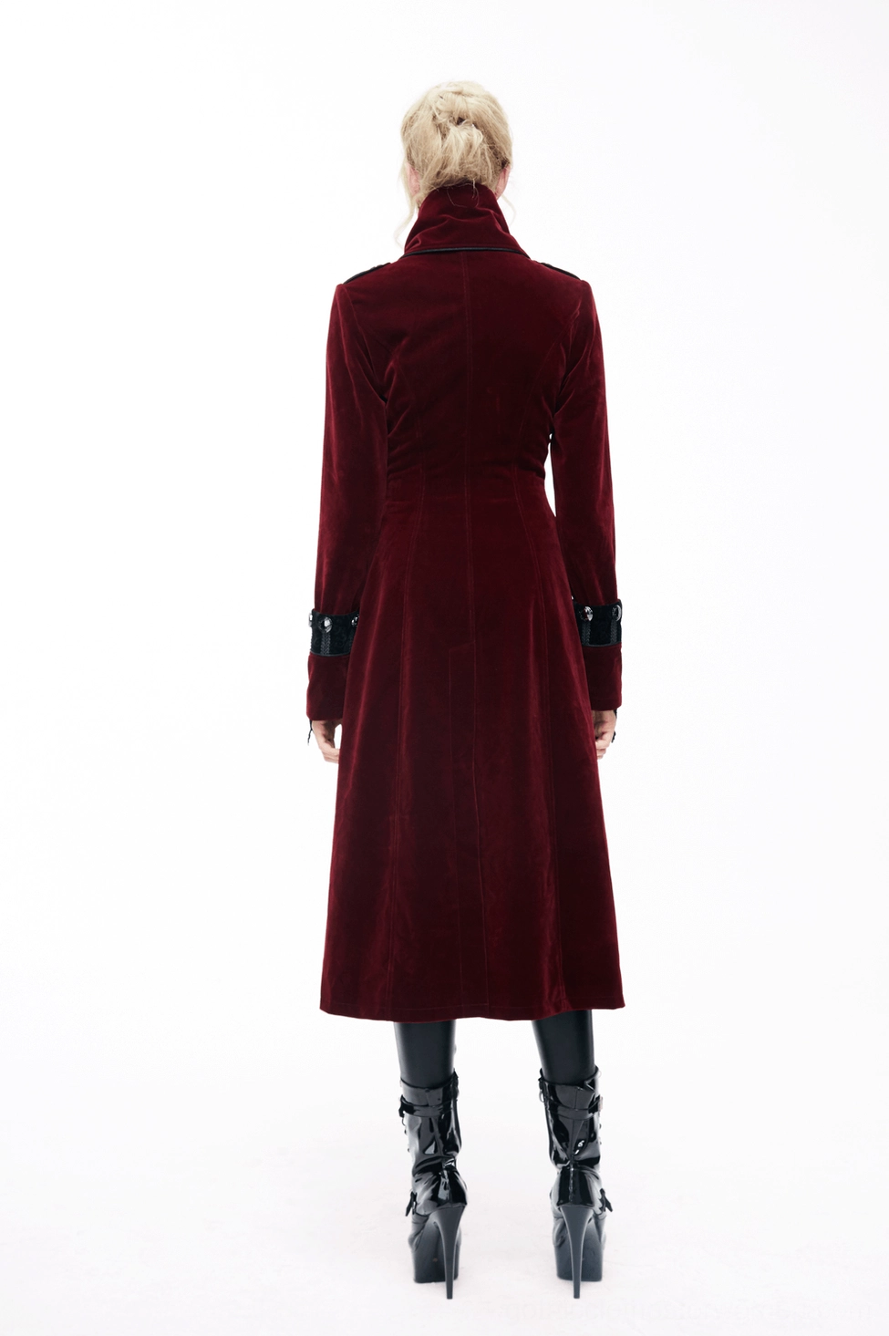 Gothic wine red velvet coat overall view - displaying cross zipper closure, high structured collar, embroidered front, and maxi length silhouette