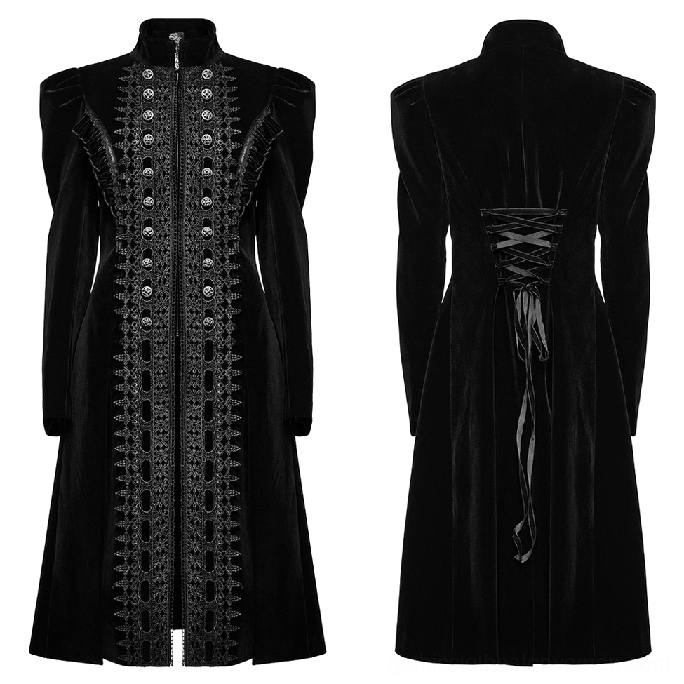 Black velvet gothic coat front flat lay product view, symmetrical lace panels, stand collar, and embossed metal button details