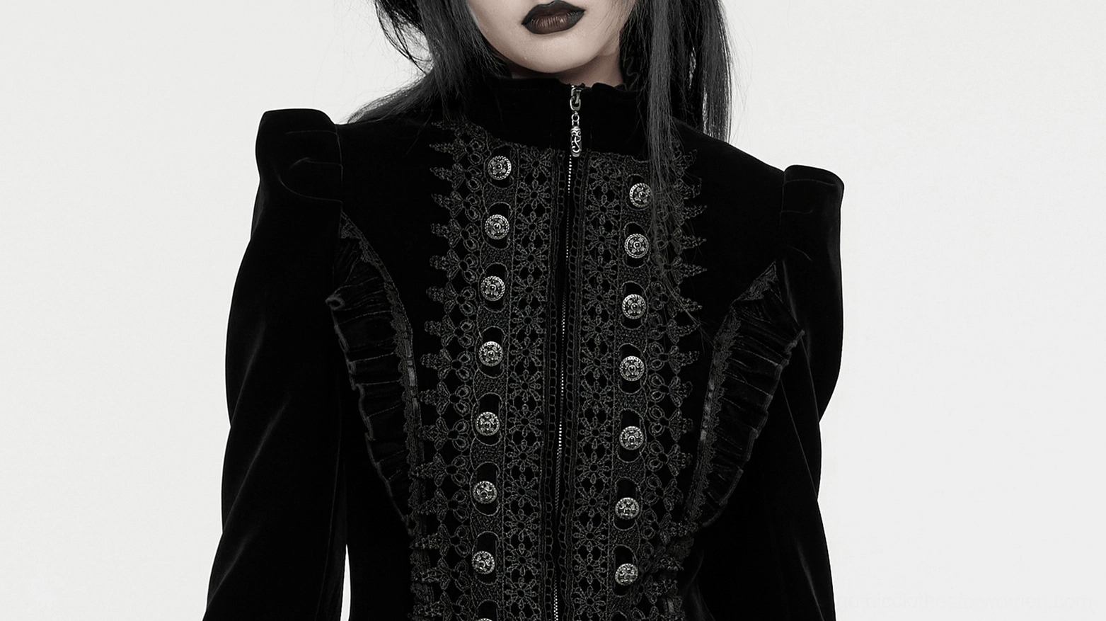 Black velvet gothic coat full-length side view showing A-line silhouette flow, hem construction, and overall proportions