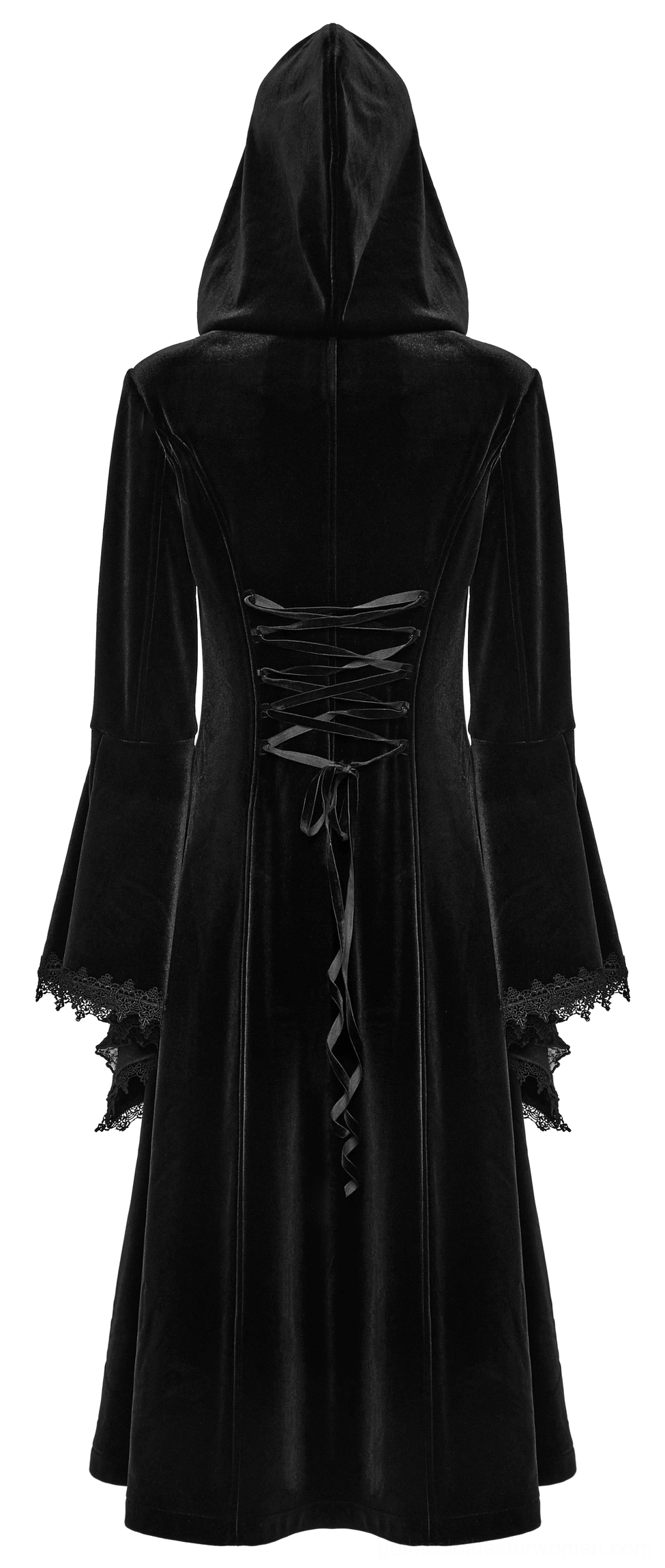Dark gothic velvet hooded coat showing attached hood and luxurious fabric texture, side view