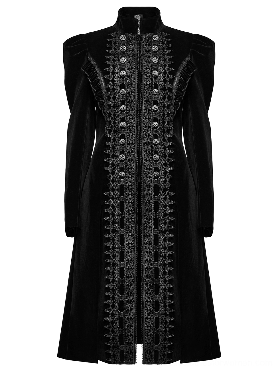 Black velvet gothic long coat front product display, ornate black floral lace trim, tailored fitted silhouette with stand collar