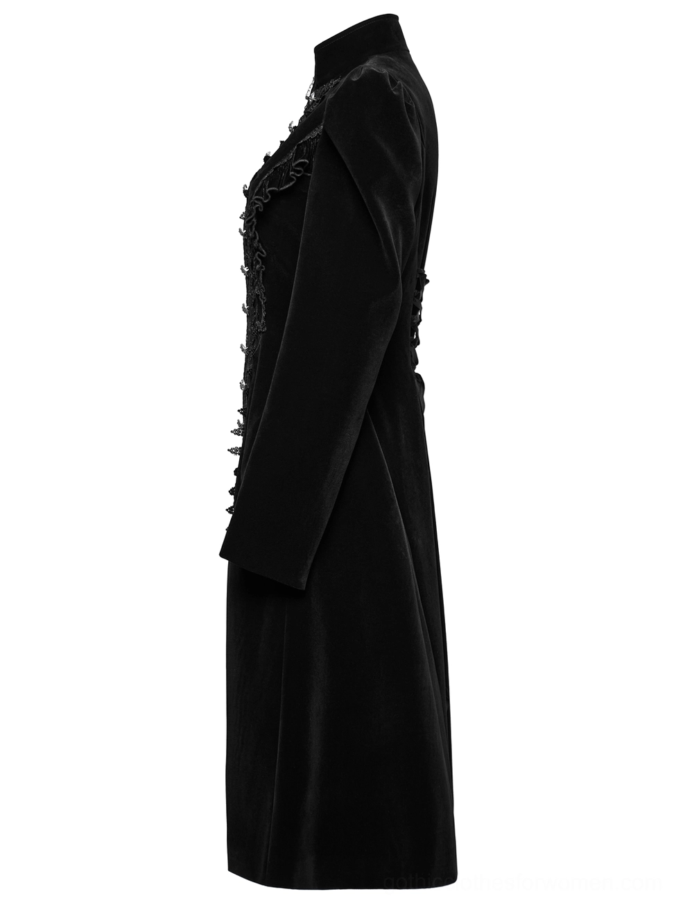Black velvet gothic coat side profile product shot, subtle lace side trim, long tailored sleeves, elegant drape