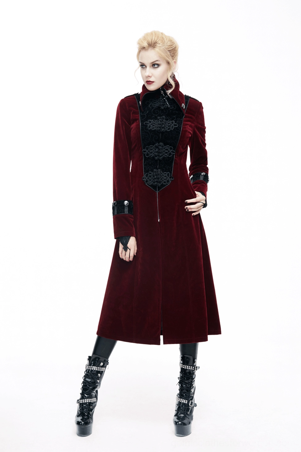 Gothic velvet coat worn styled view - demonstrating high collar stand, overall silhouette fit, and alternative fashion aesthetic on model