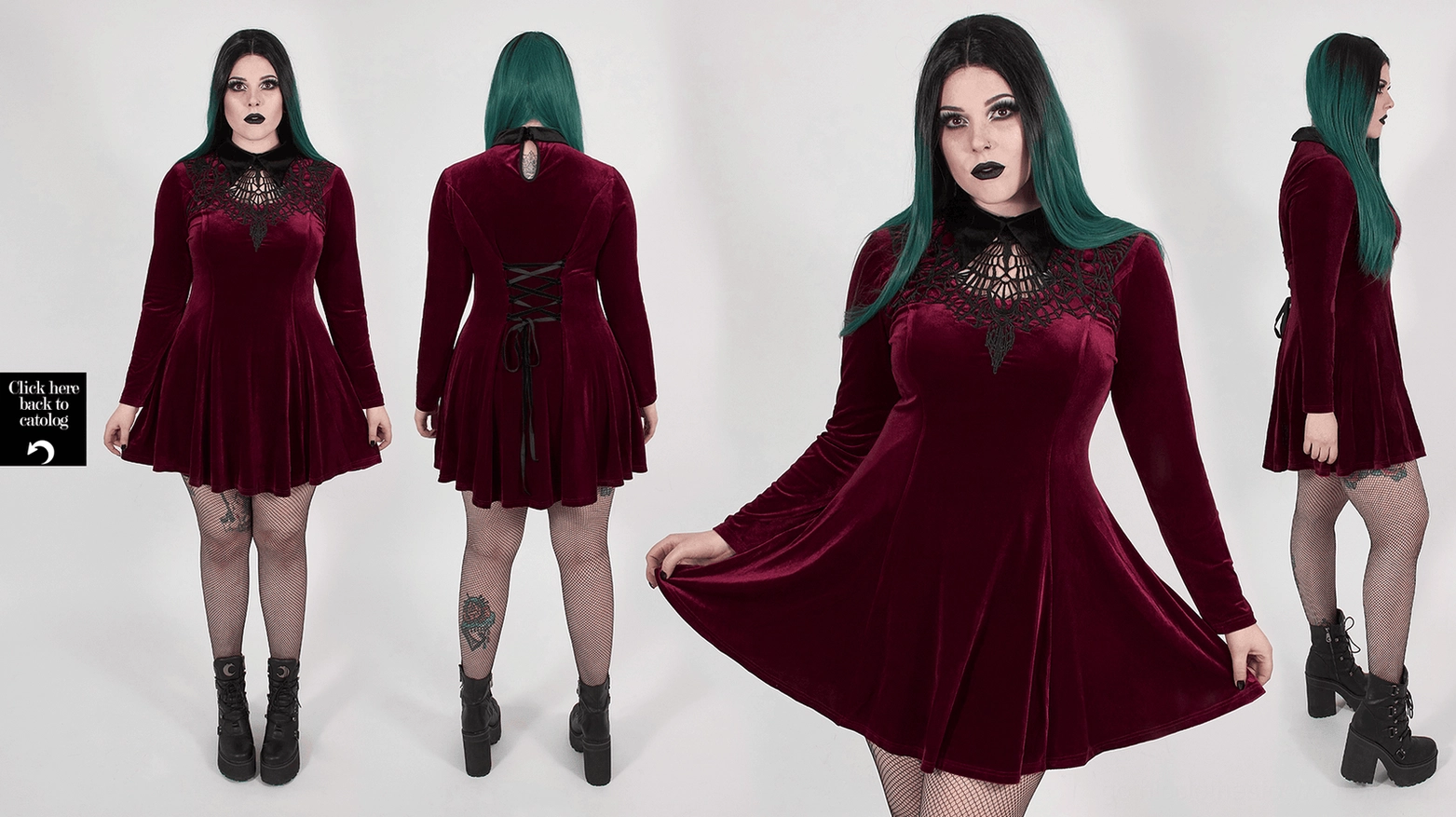 Gothic velvet lace-up dress back detail showing burgundy velvet fabric and corset ribbon construction