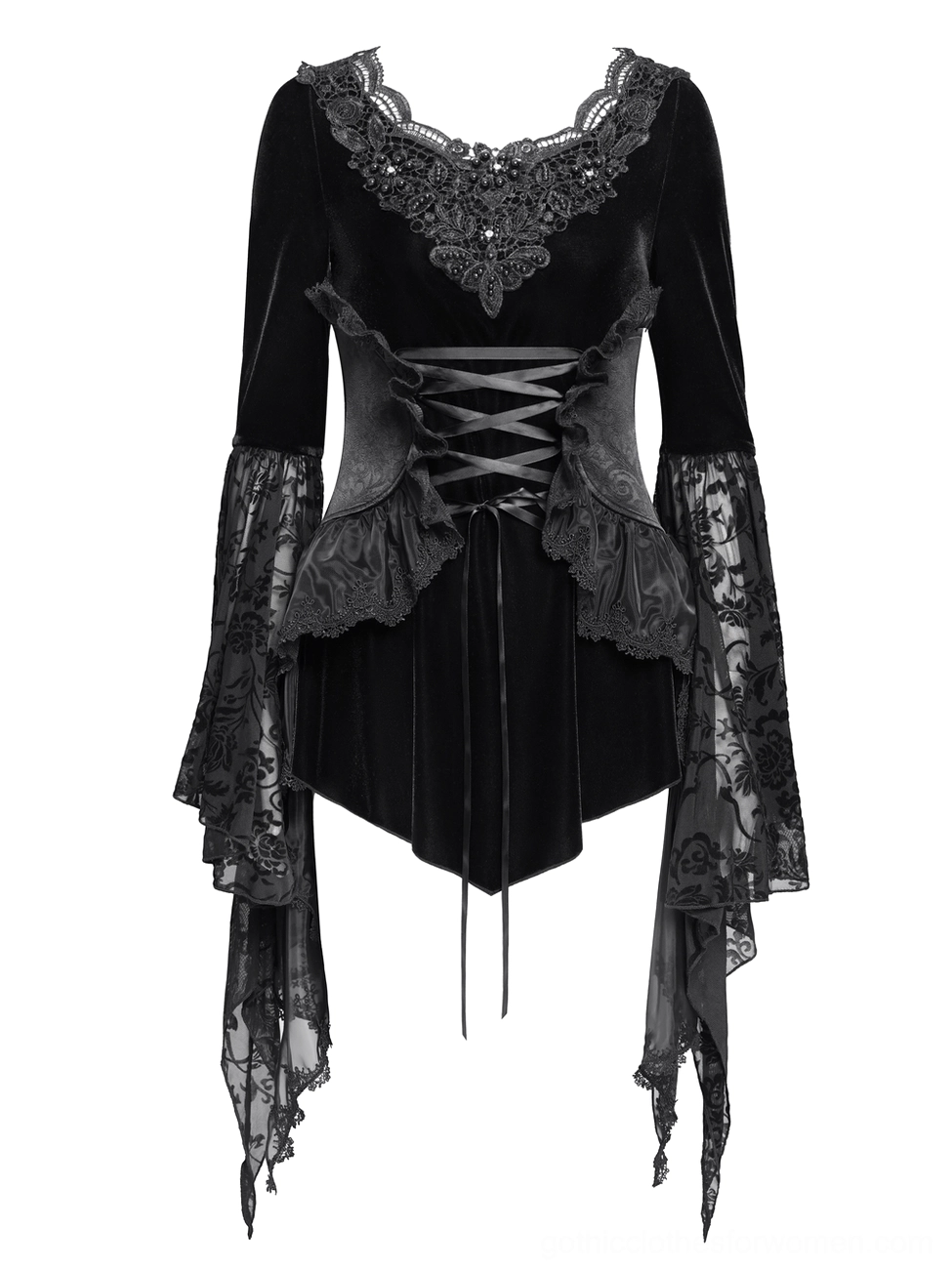 Black velvet gothic corset top with ruffled waist and asymmetrical hemline - front detail