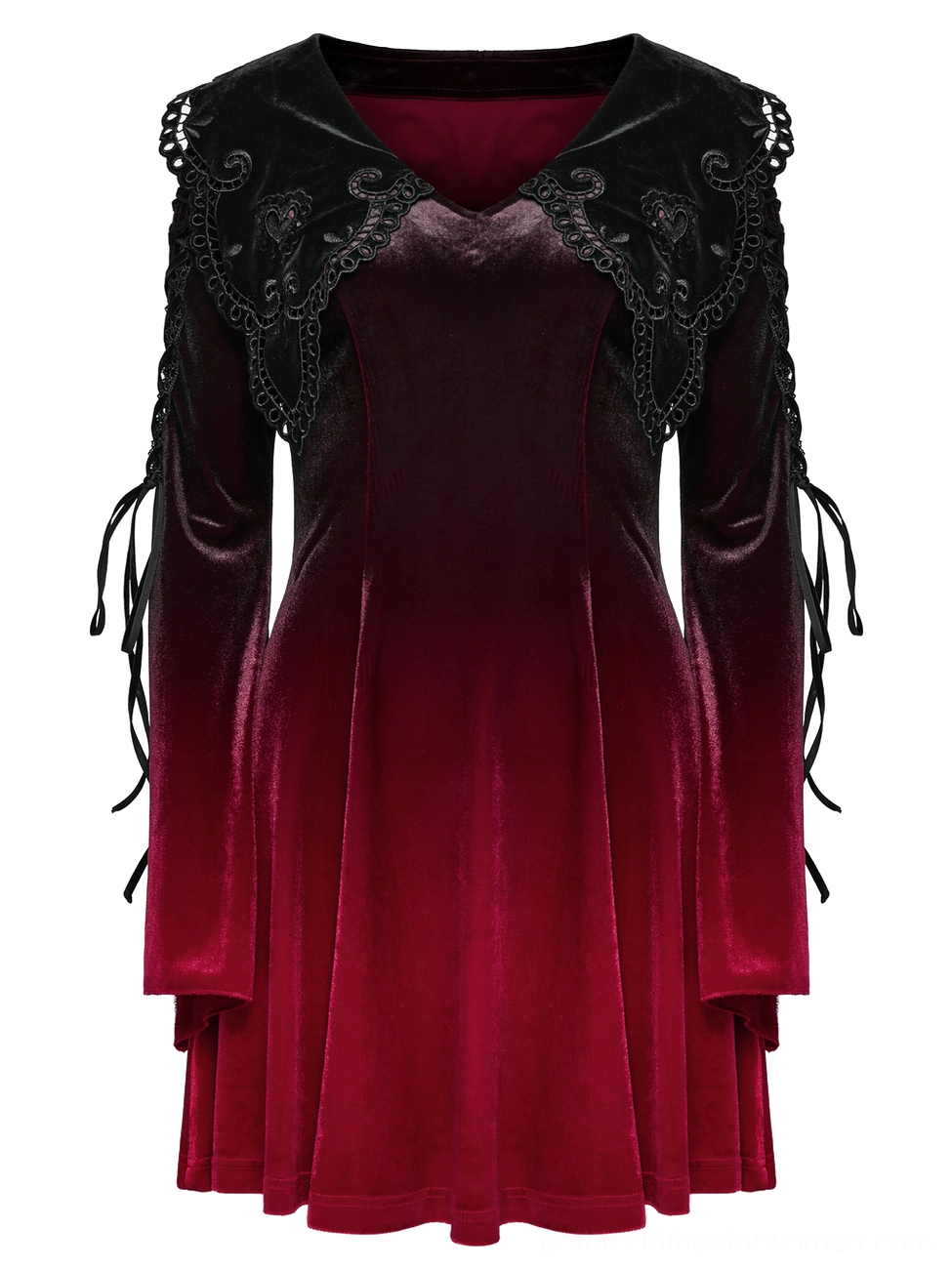 Burgundy gothic velvet dress A-line mini skirt flat view showing flared long sleeves and delicate lace sleeve construction