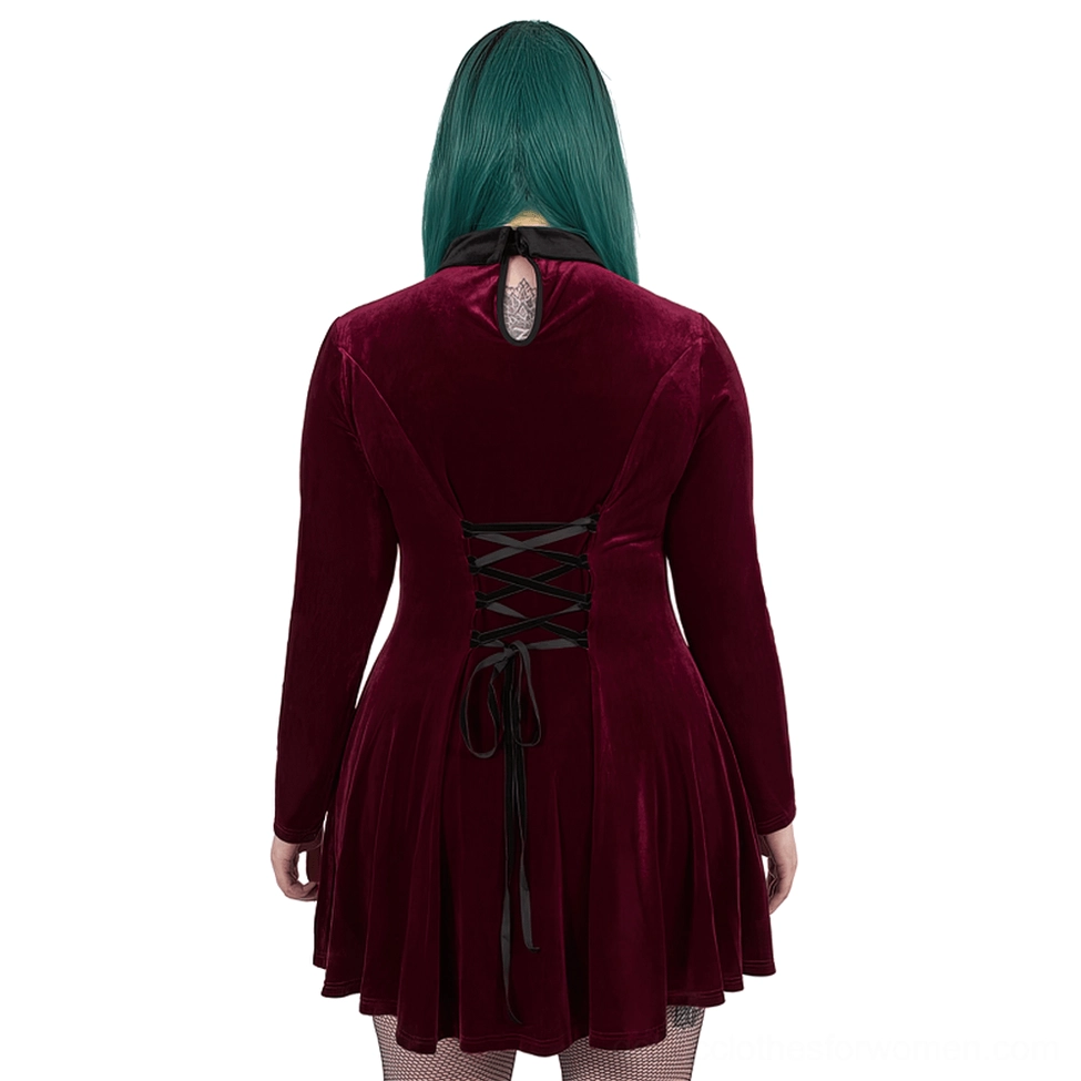 Gothic wine red velvet dress back view showing corset lace-up design and back neck cutout with embossed button detail