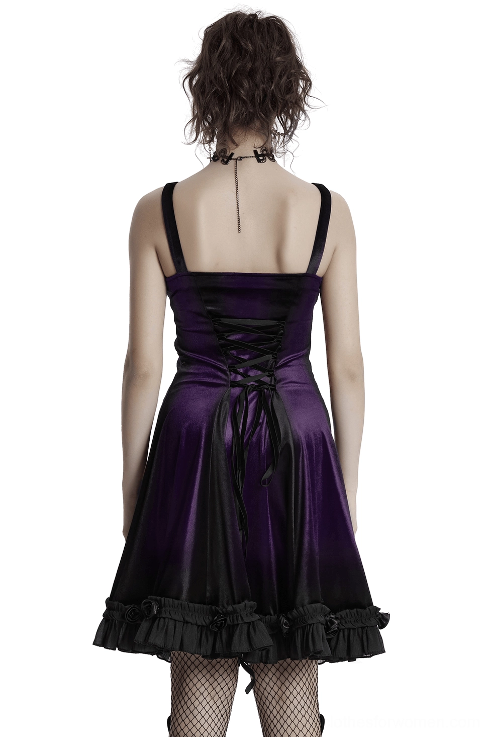 Gothic purple velvet dress with adjustable lace-up corset back and black ruffled hem - back view on model