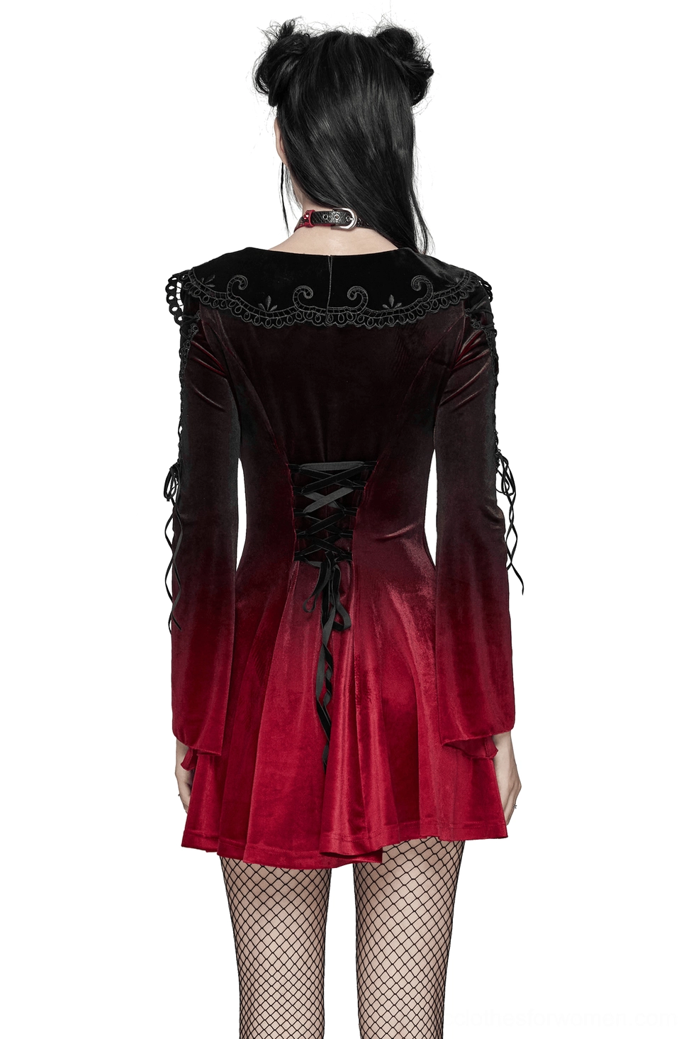 Back view of burgundy gothic velvet dress showing decorative corset lace-up design and gradient ombre effect on premium velvet fabric